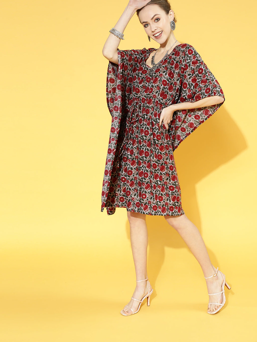 InWeave Women's Maroon Floral Jaal Print Kaftan Dress