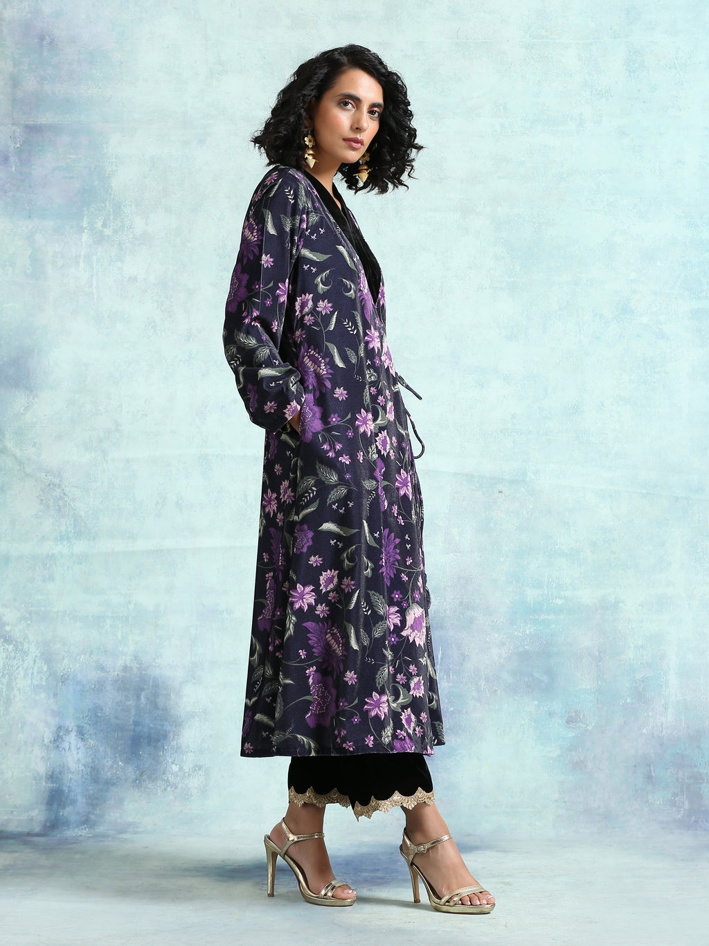 trueBrowns Black Printed Velvet Angrakha Jacket