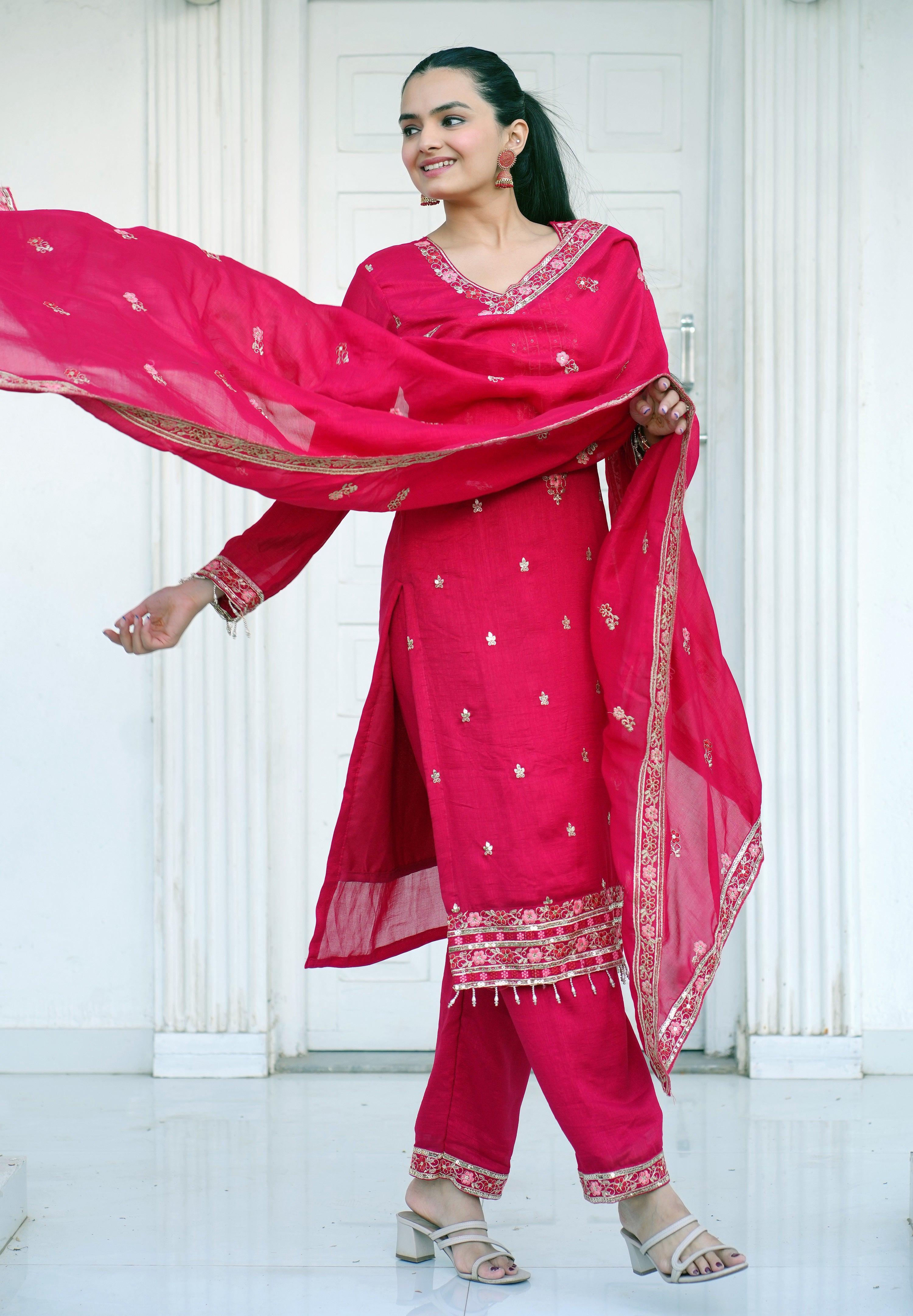 Yash Enterprise Pink Vichitra Silk Party Wear Embroidery Suit Set