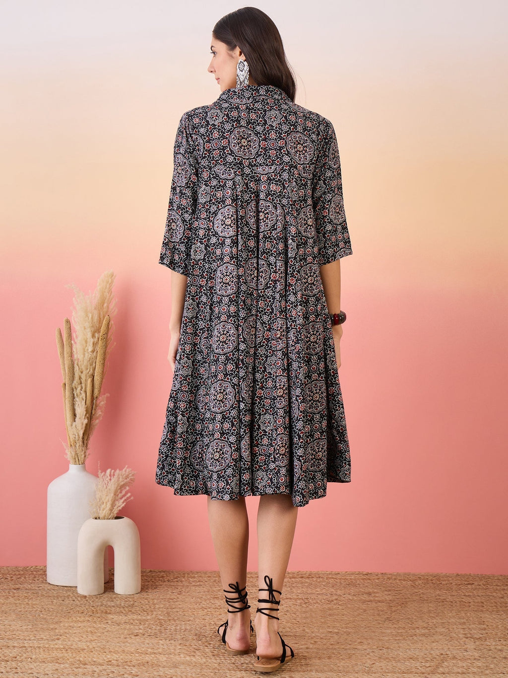 InWeave Black Maroon Ajrakh Foil Collar Flared Dress