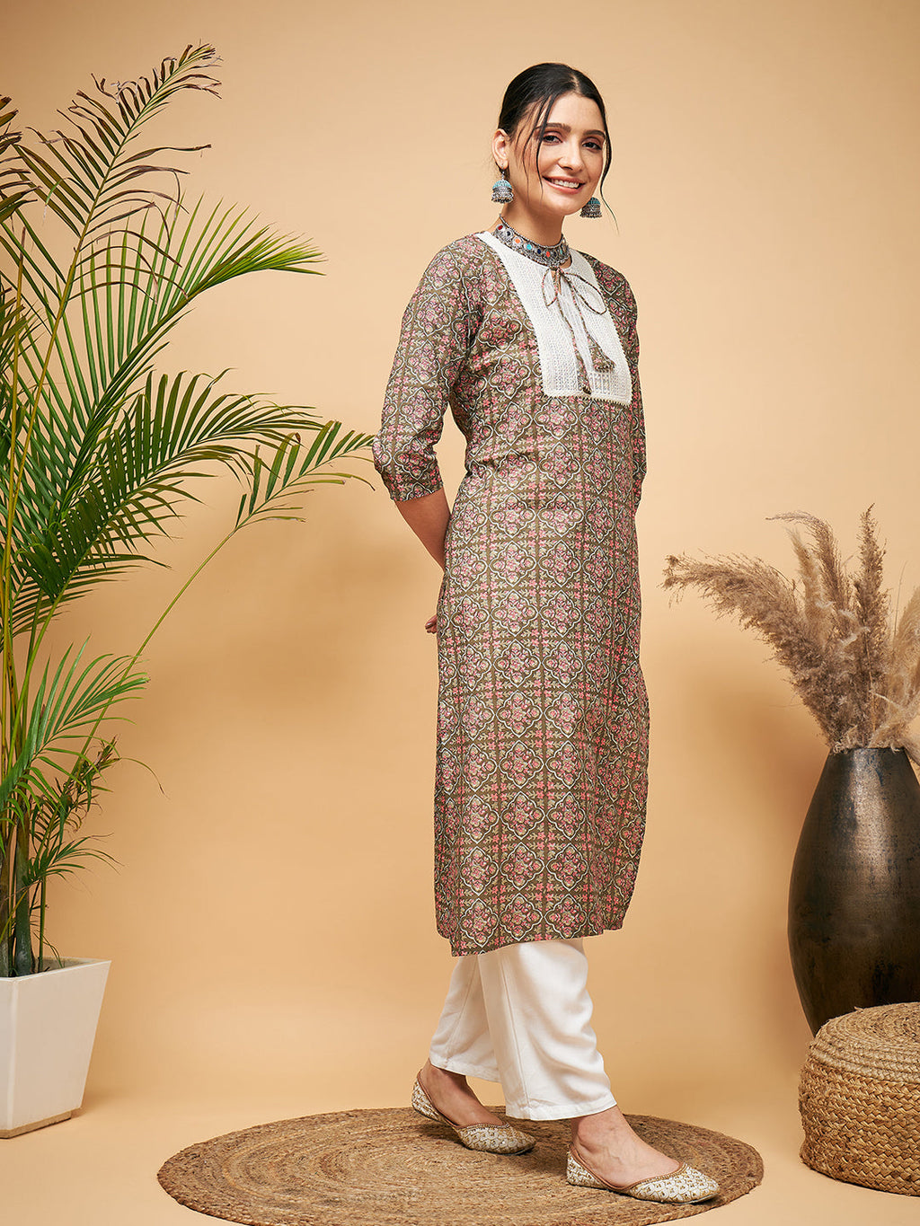 InWeave Women's Green Red Ajrakh Print Cotton Patch Work Straight Kurta Pant Set