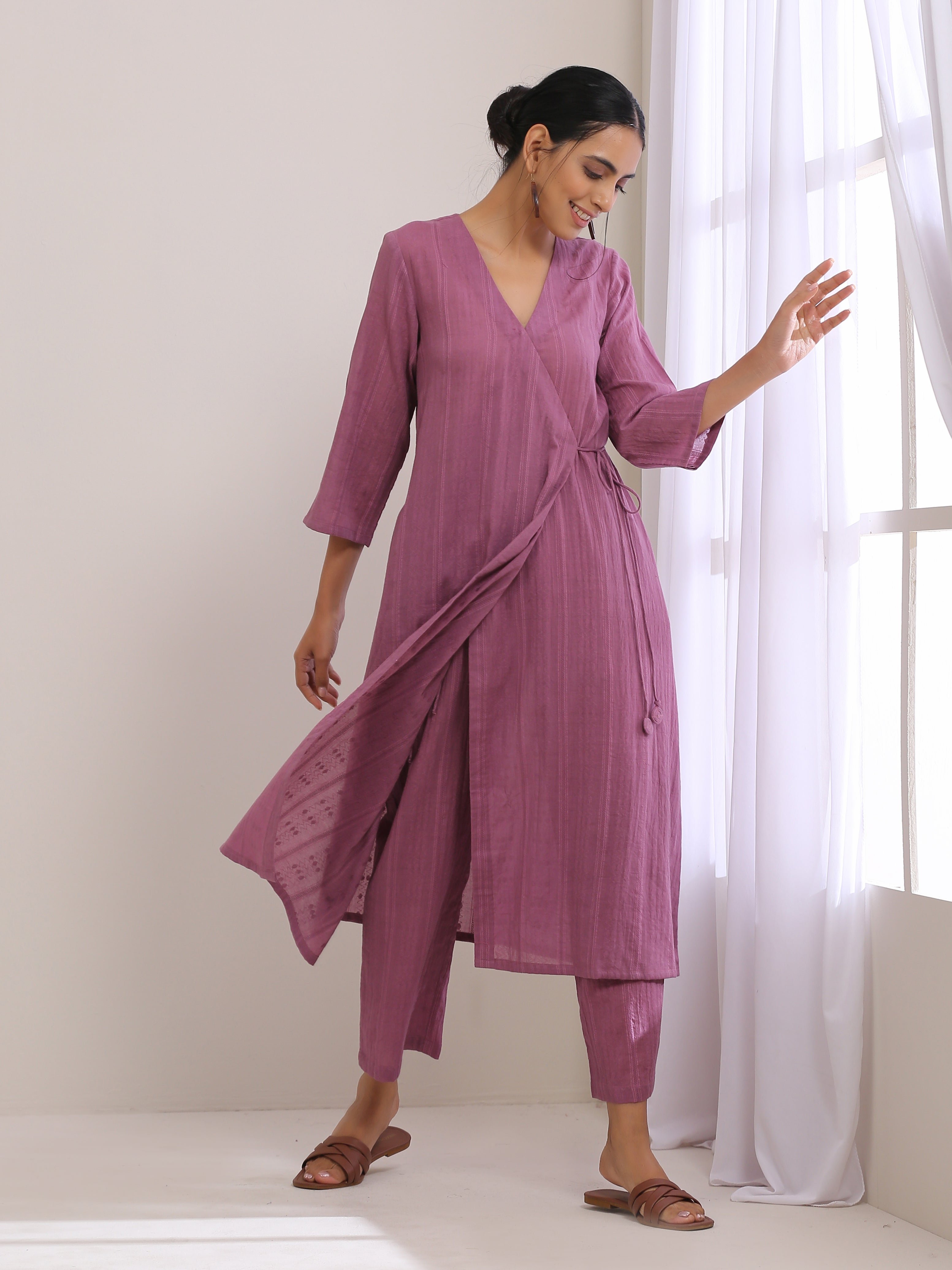 trueBrowns Onion Pink Dobby Angrakha Pant Set