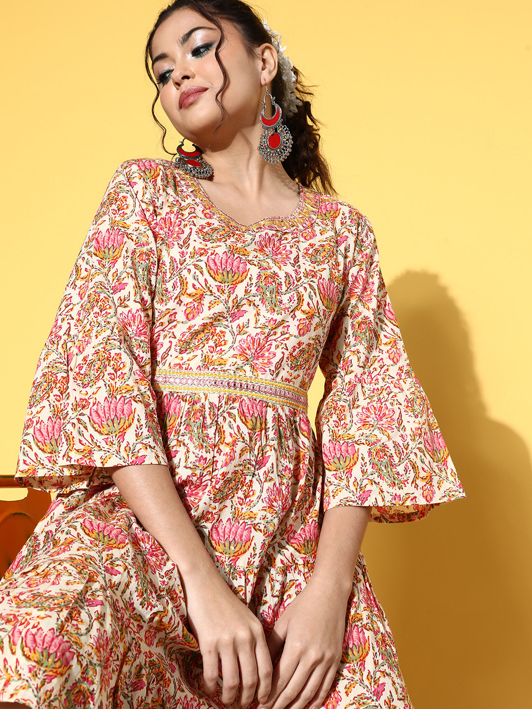 InWeave Women's Pink Boota Print Belted Dress