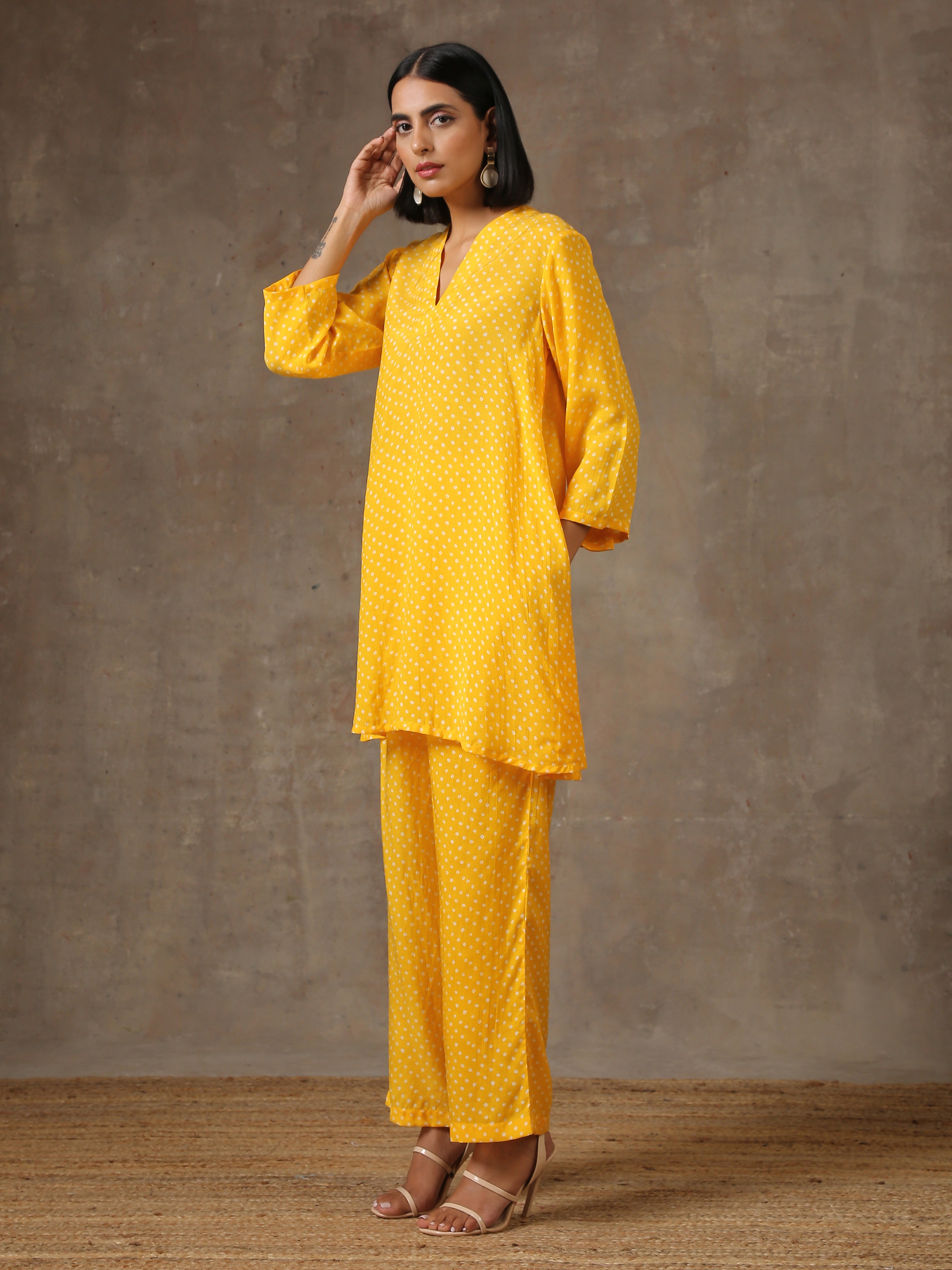 trueBrowns Yellow Bandhani Flare Printed Silk Co-Ord Set