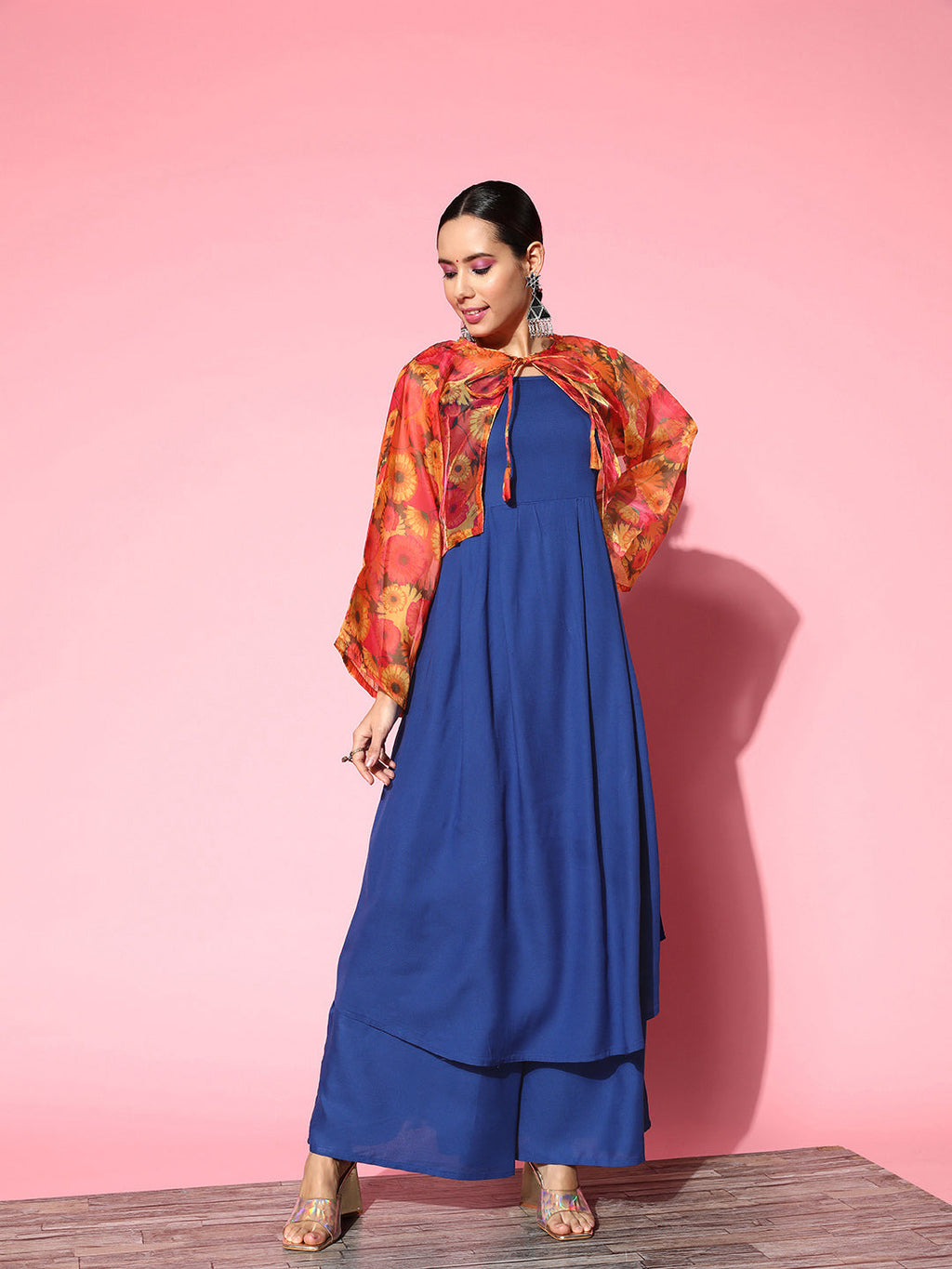 InWeave Women's Ink Blue Strappy Set With Pink Mustard Print Short Organza Cape