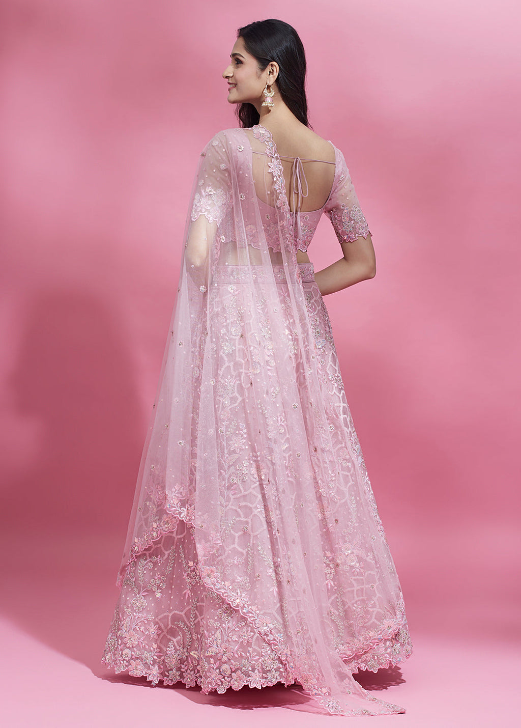 House of Panchhi Pink Color Net Sequins Work Lehenga