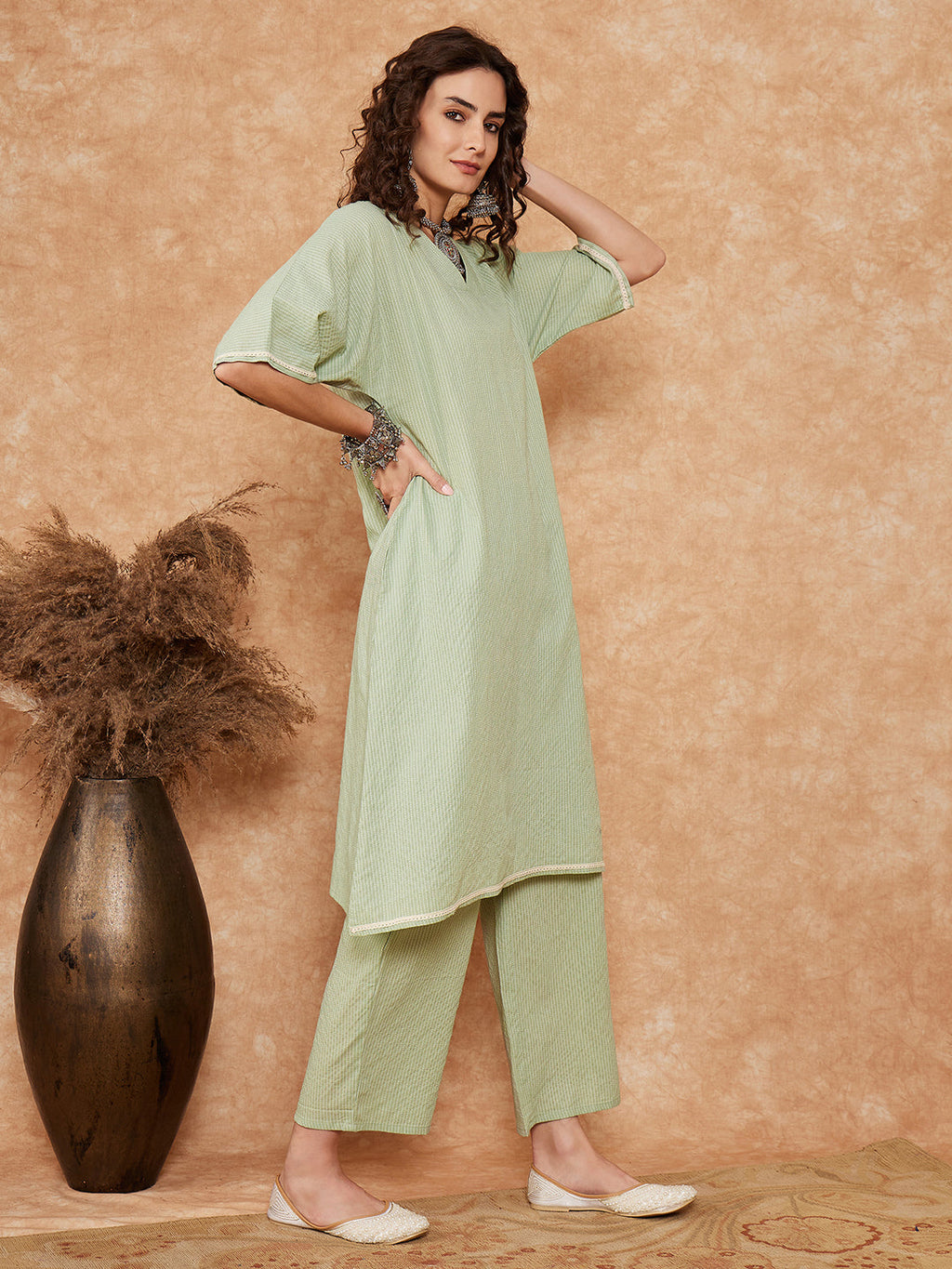 InWeave Women's Sage Green Kantha Lace Wrok Kimono Sleeve Kurta Set