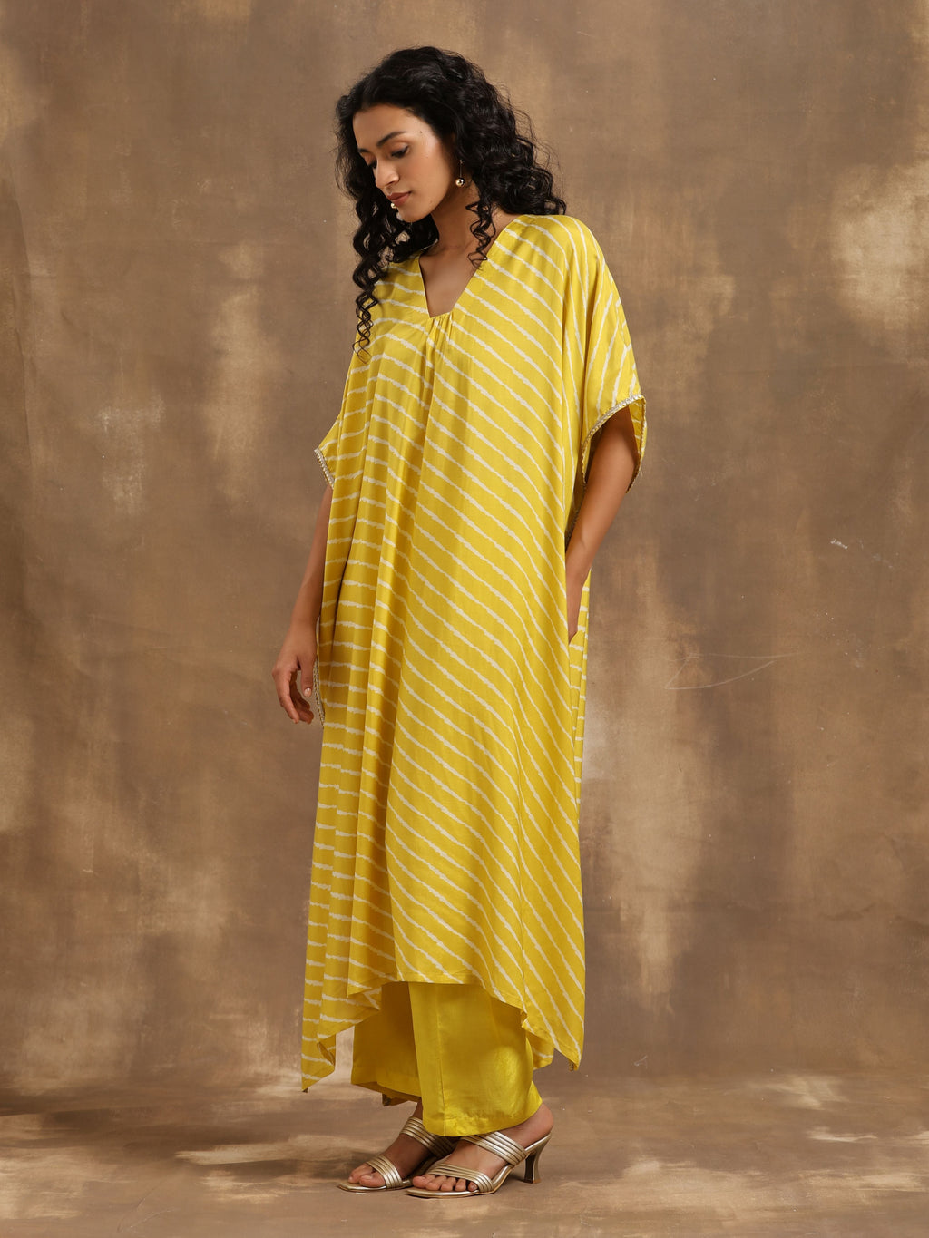 trueBrowns Lime Lehariya Printed Silk Kaftan Pant Set
