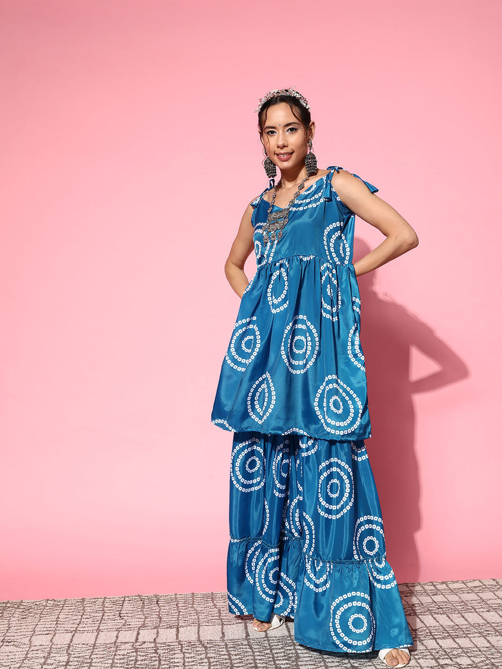 InWeave Women's Blue Bandhani Motif Shoulder Tie Up Kurta Set