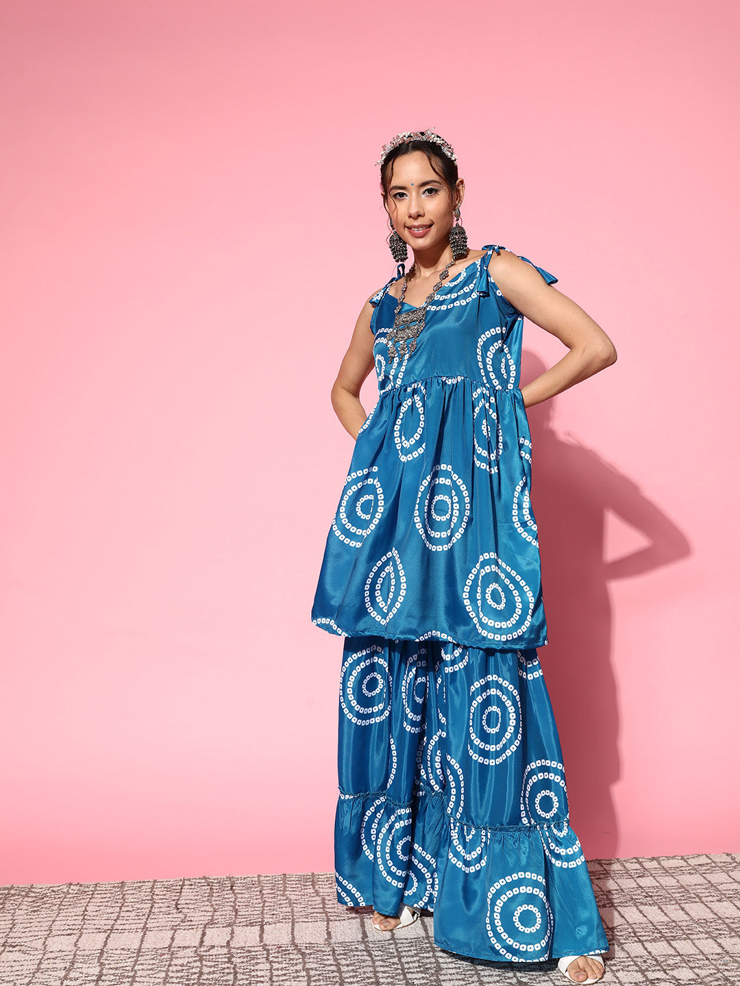 InWeave Women's Blue Bandhani Motif Shoulder Tie Up Kurta Set