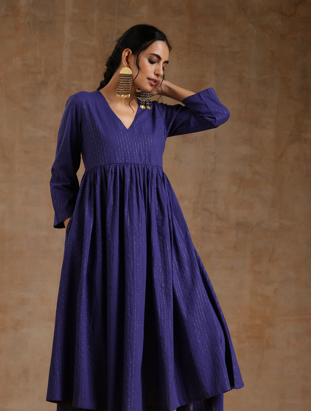 trueBrowns Spectrum Blue Gold Cotton Kalidar Kurta Set