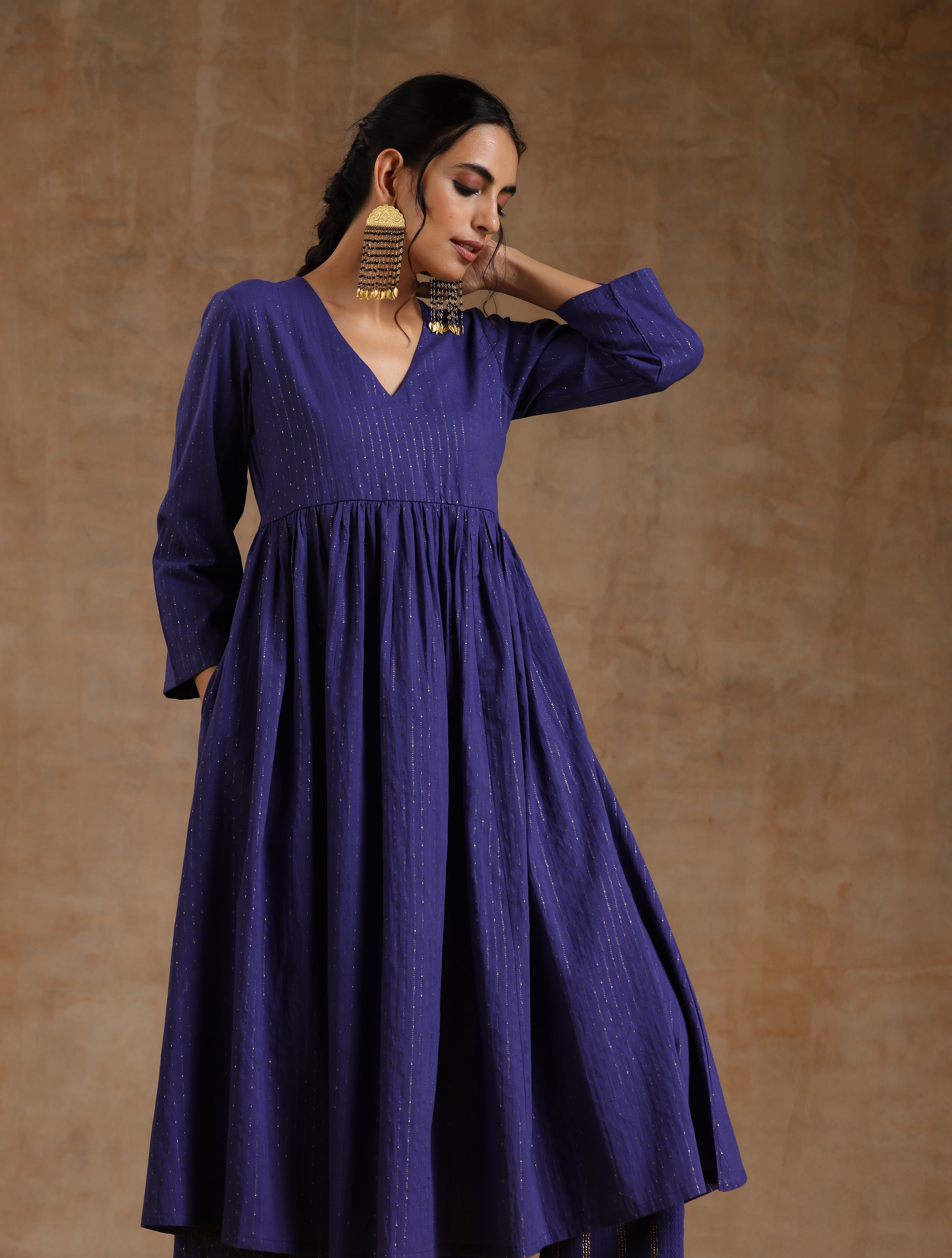 trueBrowns Spectrum Blue Gold Cotton Kalidar Kurta Set