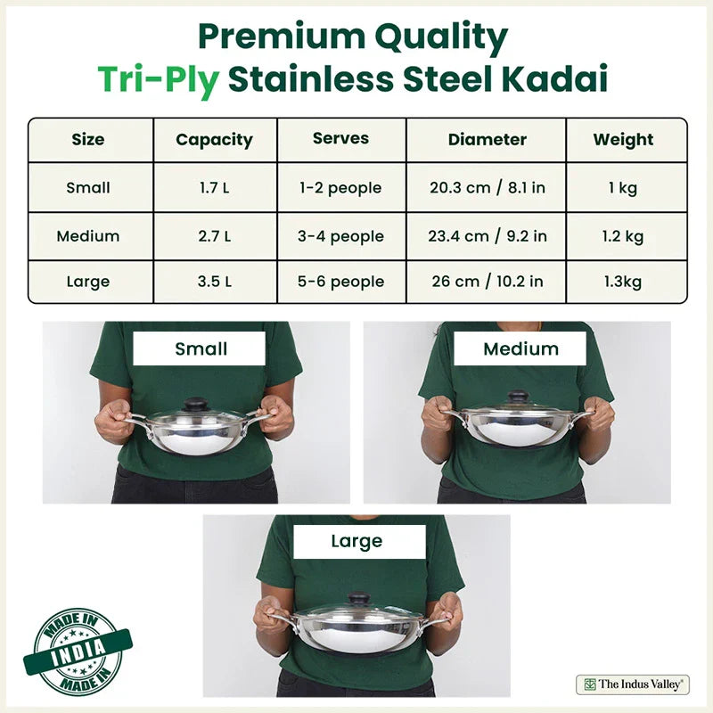 The Indus Valley TurboCuk Tri-ply Stainless Steel Kadai+ Glass Lid, Premium Quality, 3 Layer Thick Body, 100% Toxin-free, Non-stick, Induction & Gas, 1.7/2.7/3.5L