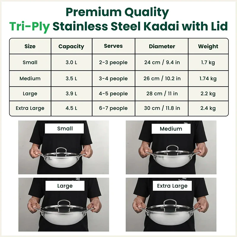 The Indus Valley TurboCuk Tri-ply Stainless Steel Kadai+ Steel Lid, Premium Quality, 3 Layer Thick Body, 100% Toxin-free, Non-stick, Induction & Gas, 3L/3.5L/3.9L/4.5L