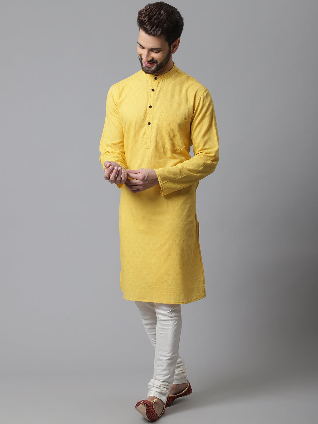 Even Apparels Yellow Pure Cotton Kurta With Band Collar