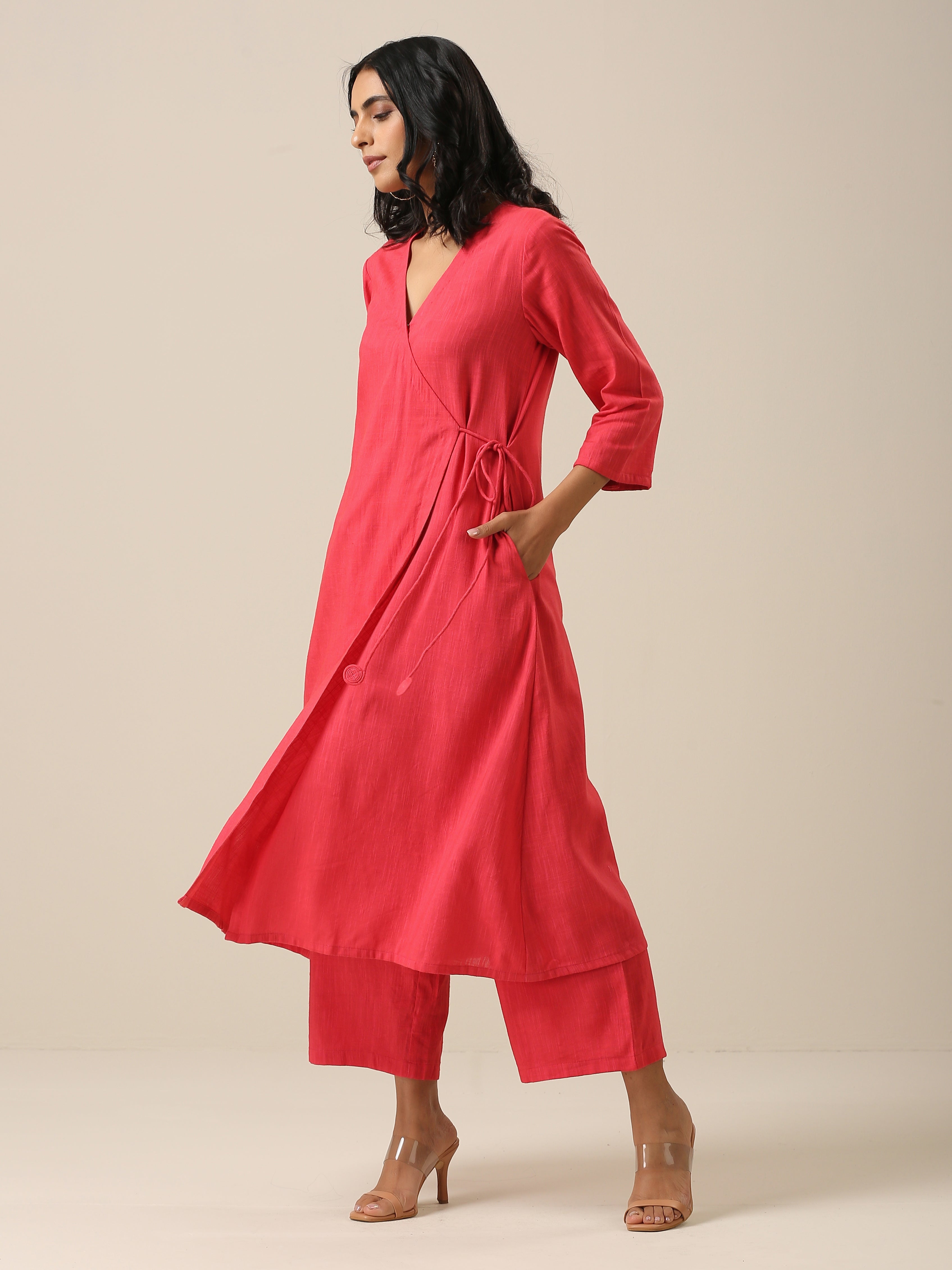 trueBrowns Bright Pink Slub Texture Angrakha Pant Set
