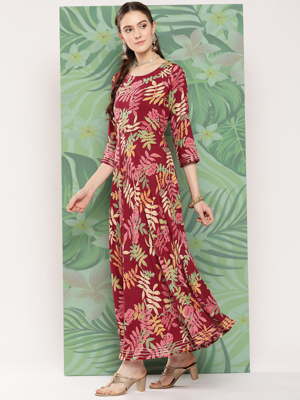 InWeave Women's Red Tropical Print Gota Long Dress