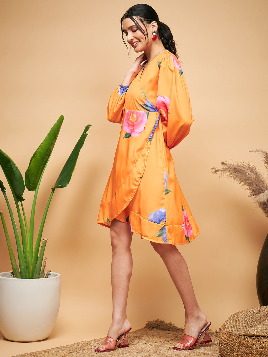 InWeave Women's Haldi Yellow Pink Mauve Flower Belted Dress