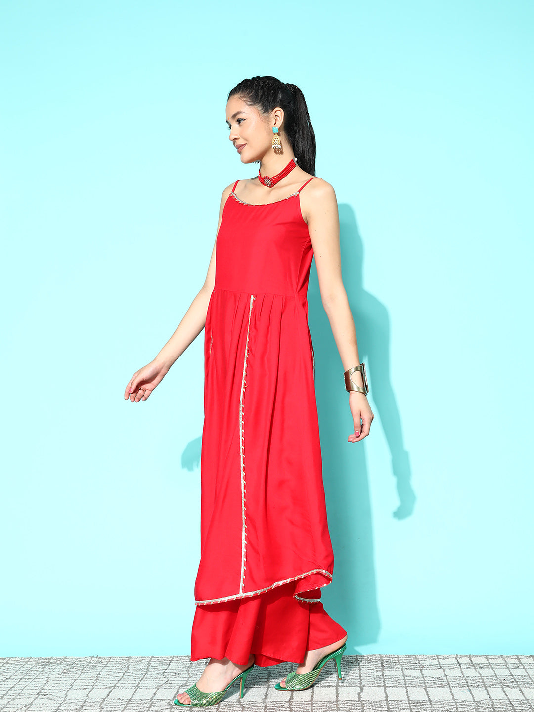 InWeave Women's Red Gota Strappy Set With Multi Foil Muslin Dupatta