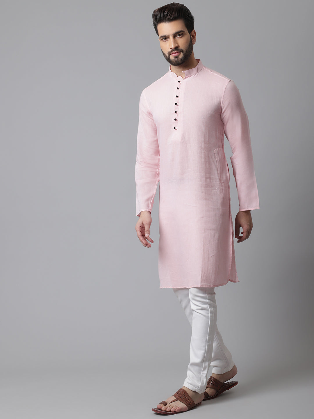 Even Apparels Pink Pure Cotton Kurta With Band Collar
