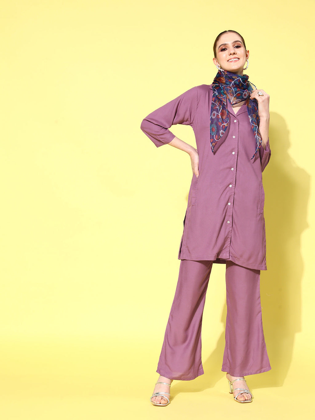 InWeave Women's Mauve Coord Set With Indigo Kalamkari Scarf