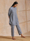 trueBrowns Steel Grey Ikat Print Cotton Gathers Co-Ord Set