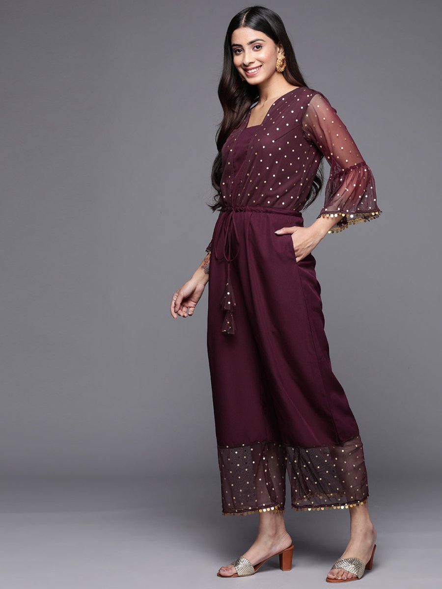 Ahalyaa Printed Bell Sleeves Crepe Basic Jumpsuit With Waist Tie-Ups