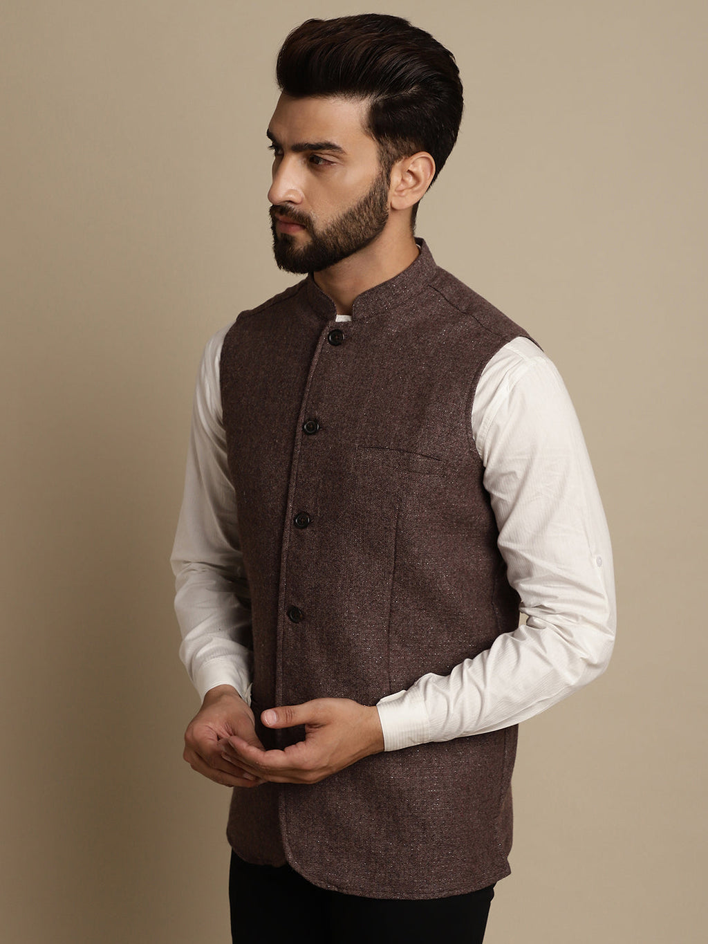 Even Apparels Men's Brown Mandarin Collar Waistcoat