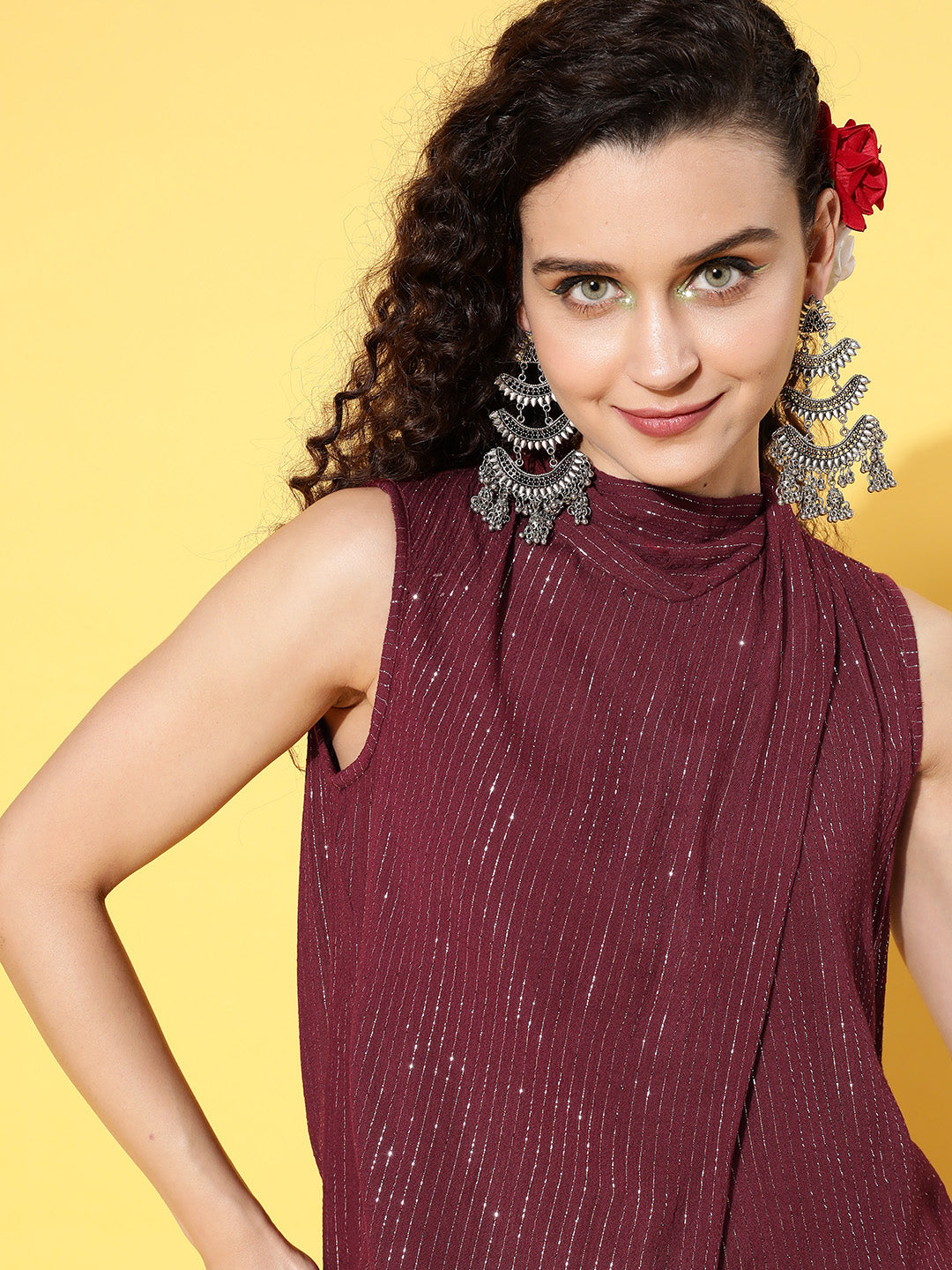 InWeave Women's Maroon Lurex Top With Flared Palazzo
