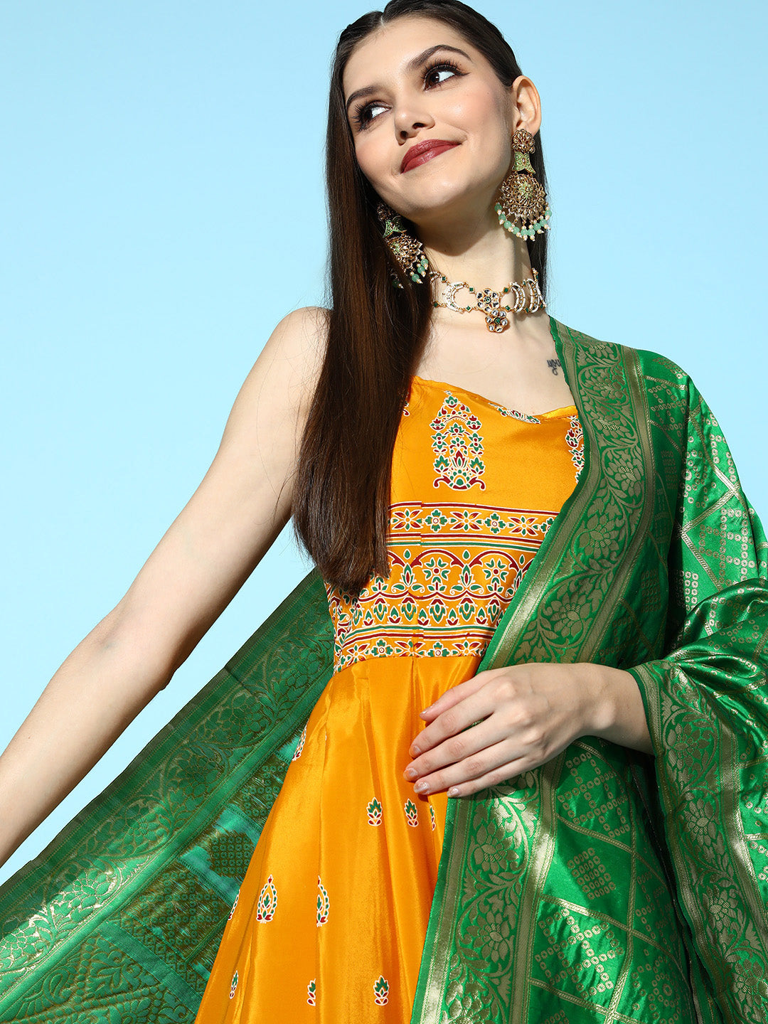 InWeave Women's Mustard Foil Print Strappy With Green Brocade Dupatta