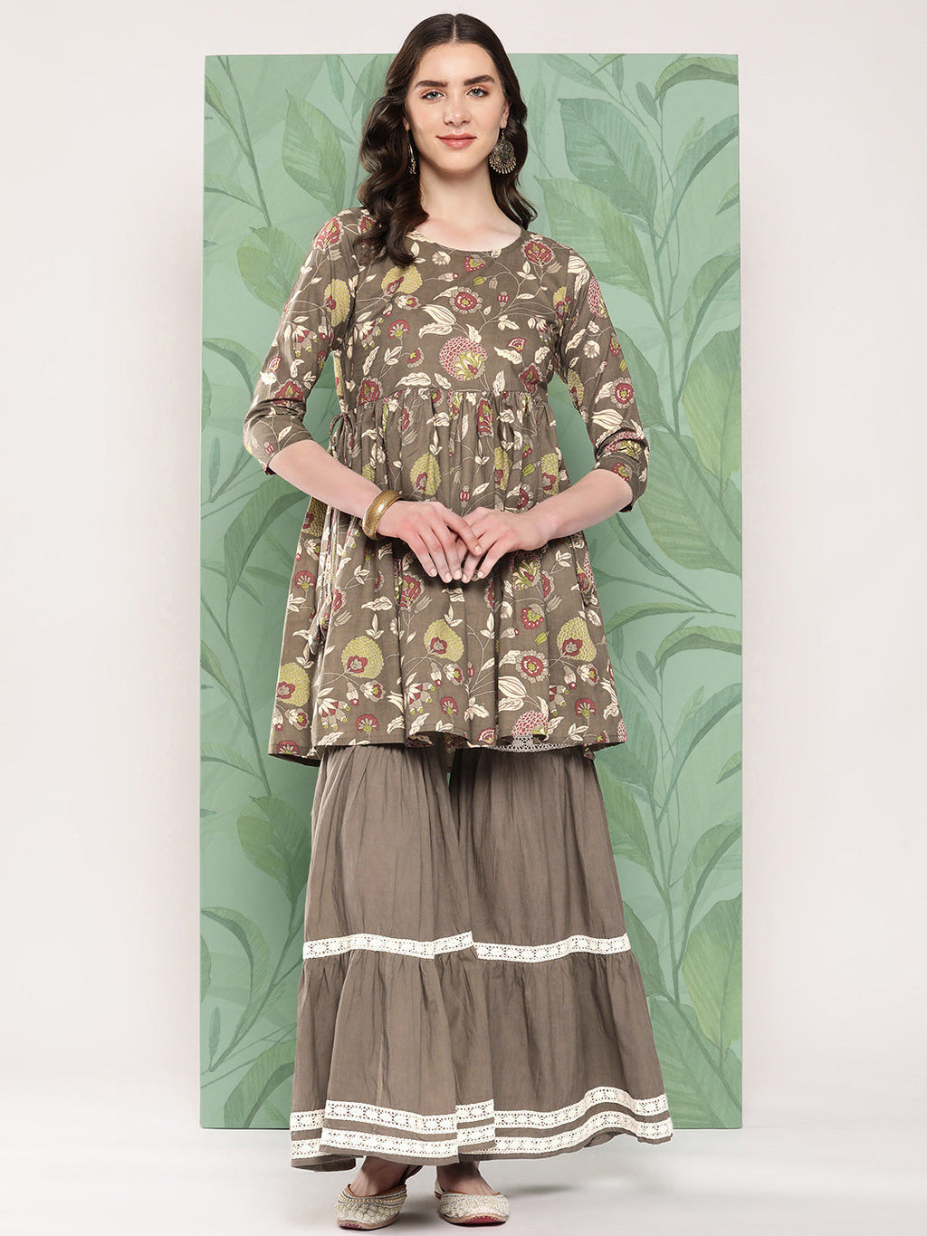 InWeave Women's Olive Shade Tropical Sharara Set