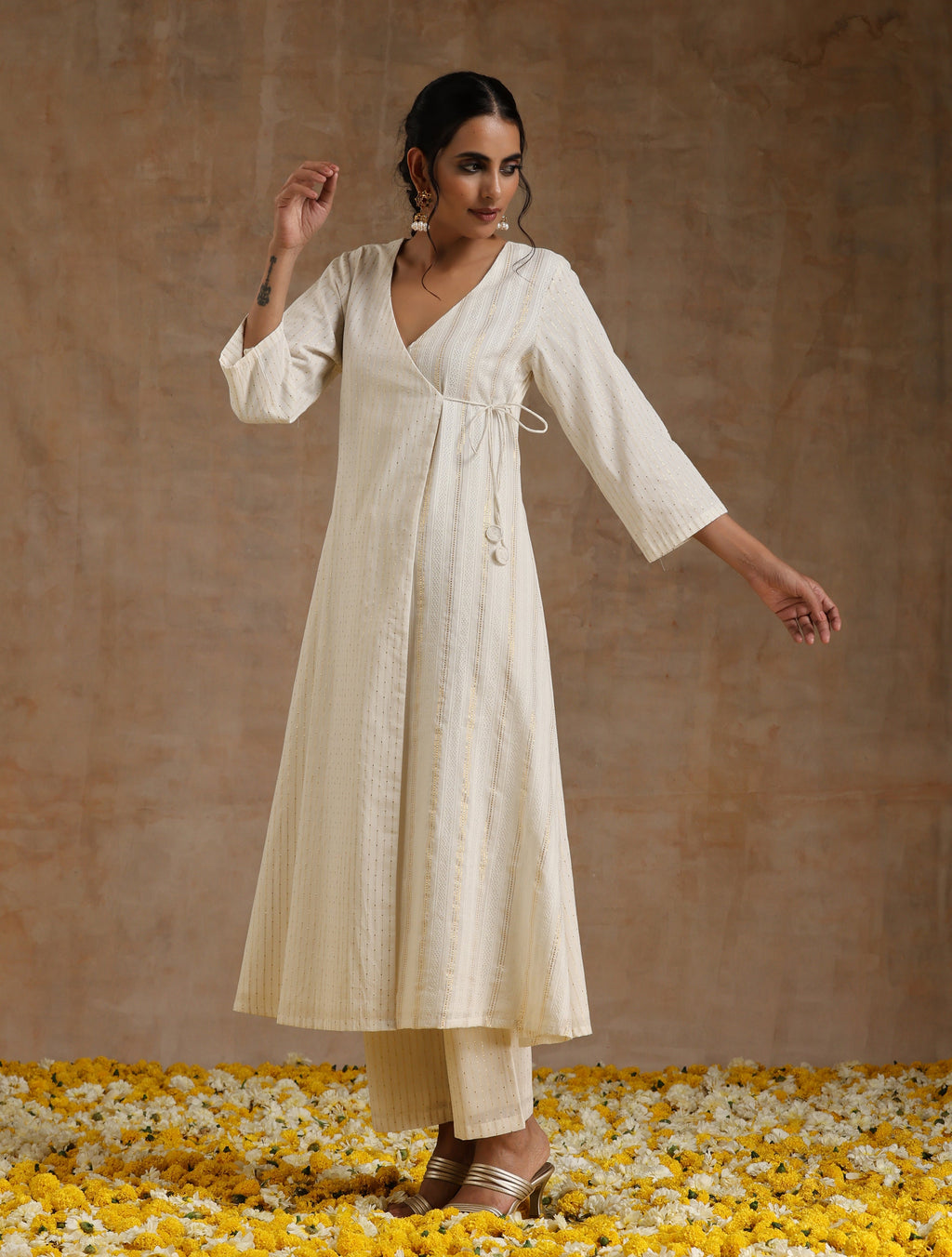 trueBrowns Ivory Gold Cotton Angrakha Kurta Set