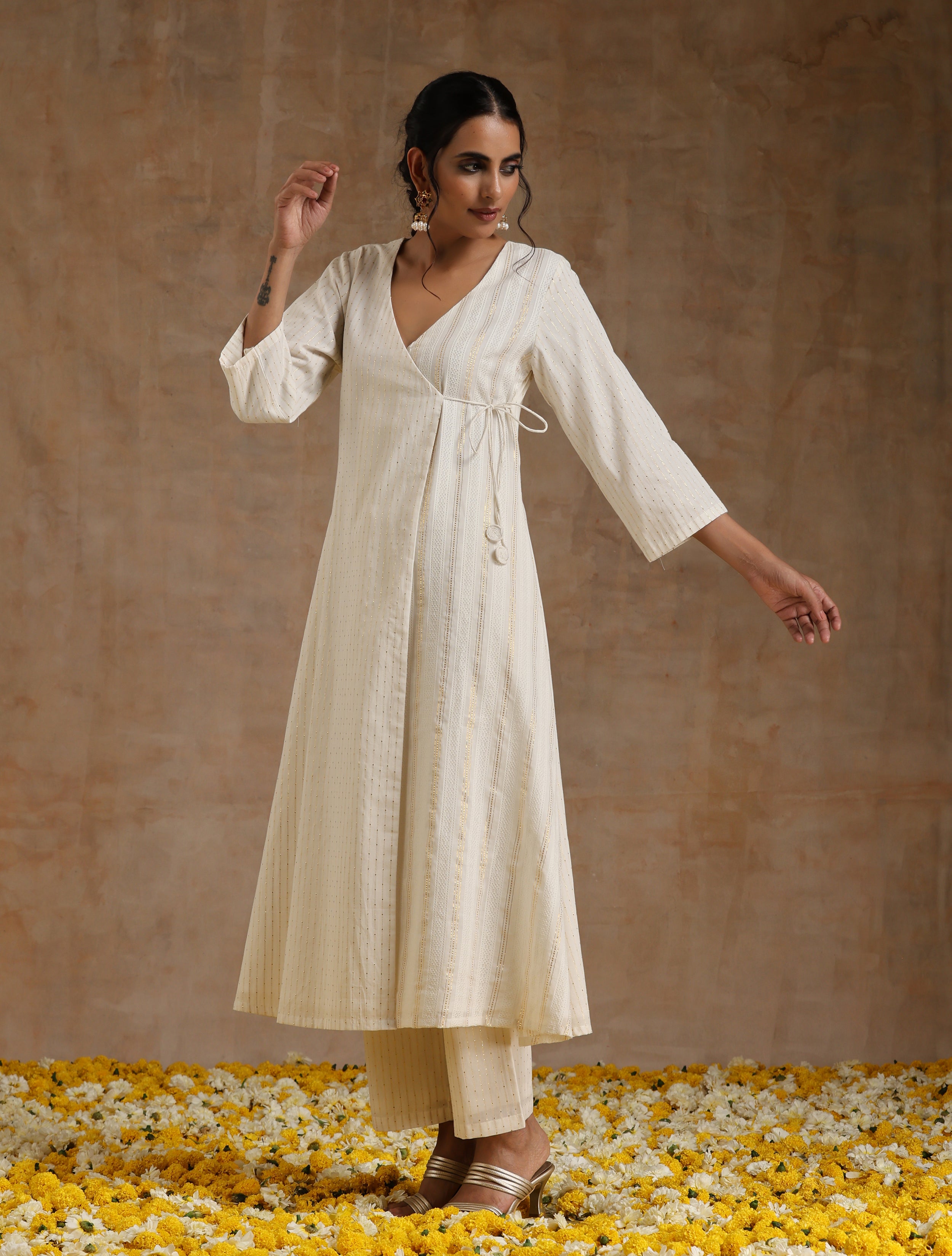 trueBrowns Ivory Gold Cotton Angrakha Kurta Set