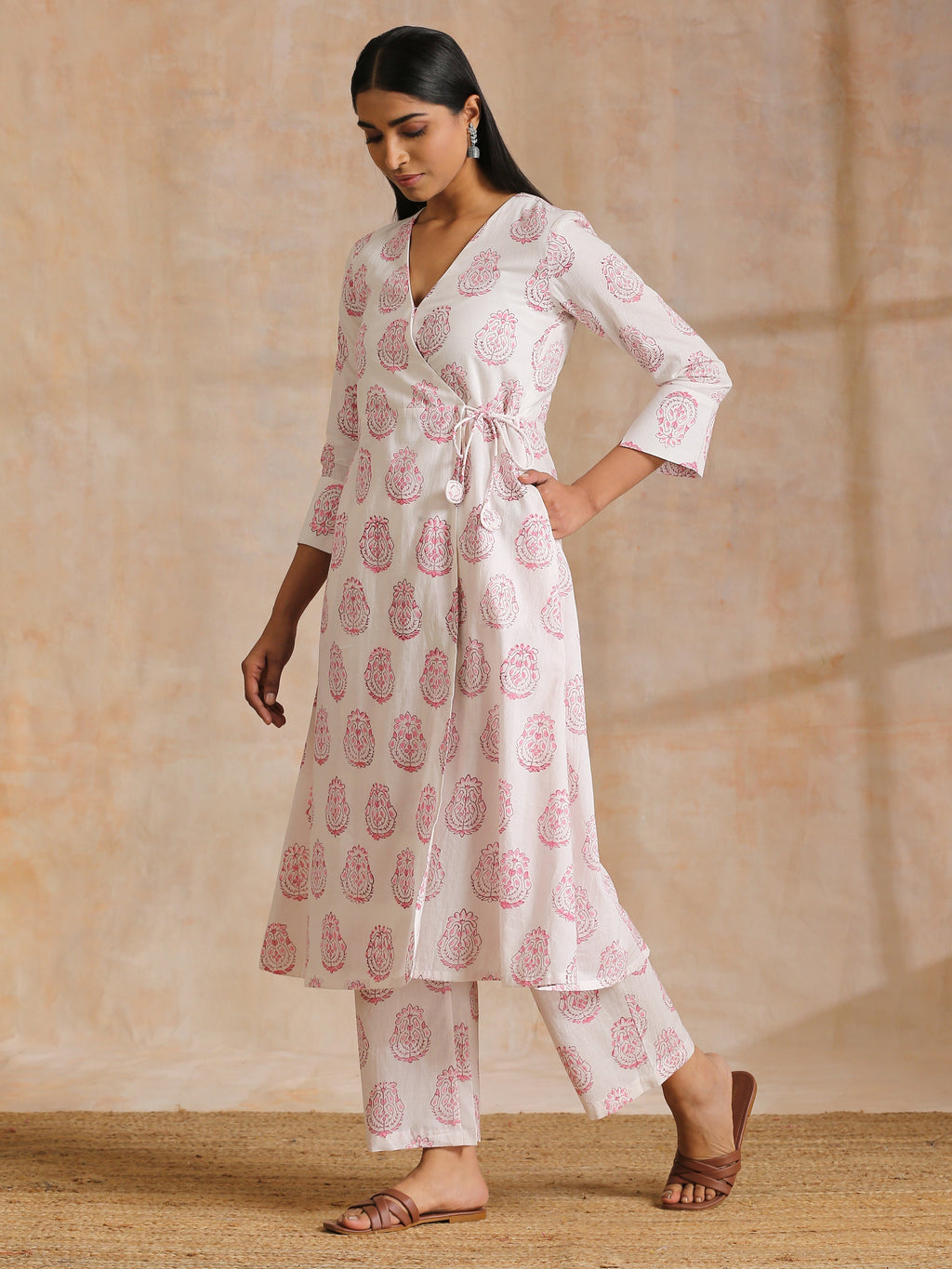 trueBrowns Pink Big Buta On White Print Cotton Angrakha Kurta Pant Set