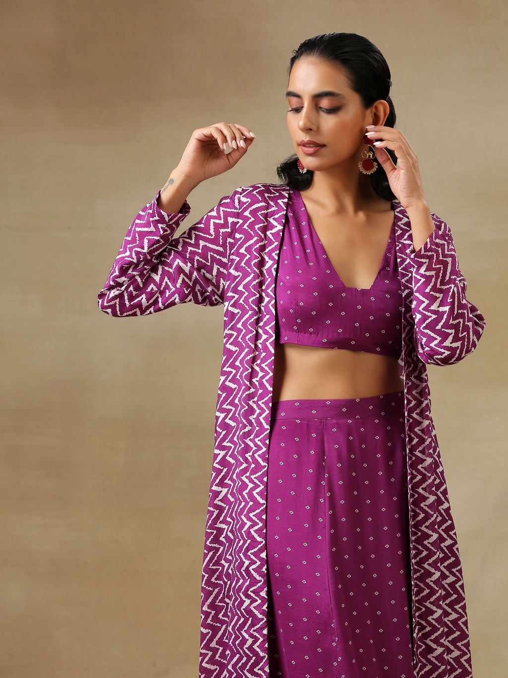 trueBrowns Purple Bandhani Printed Silk Top Skirt Jacket Set