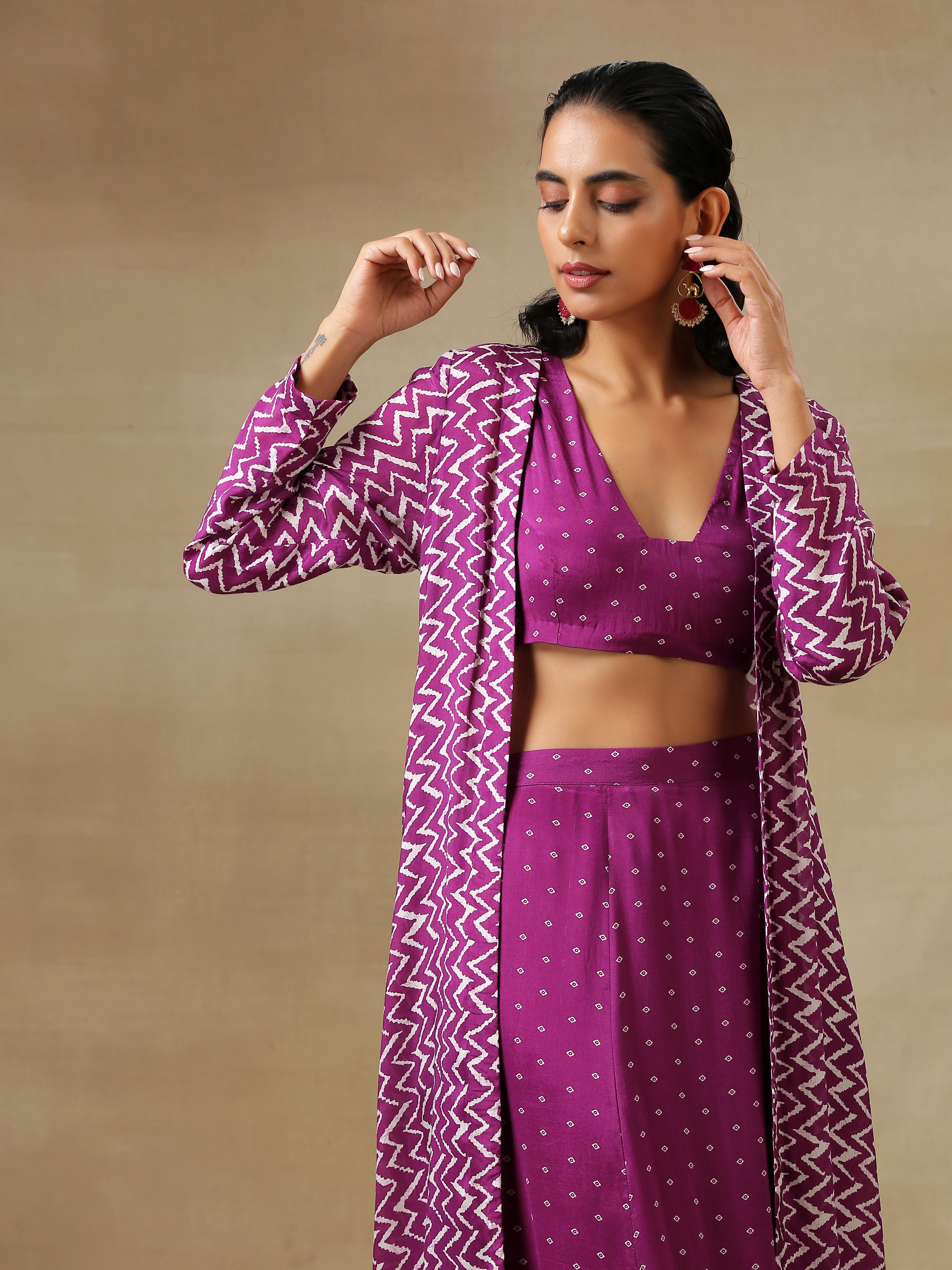 trueBrowns Purple Bandhani Printed Silk Top Skirt Jacket Set