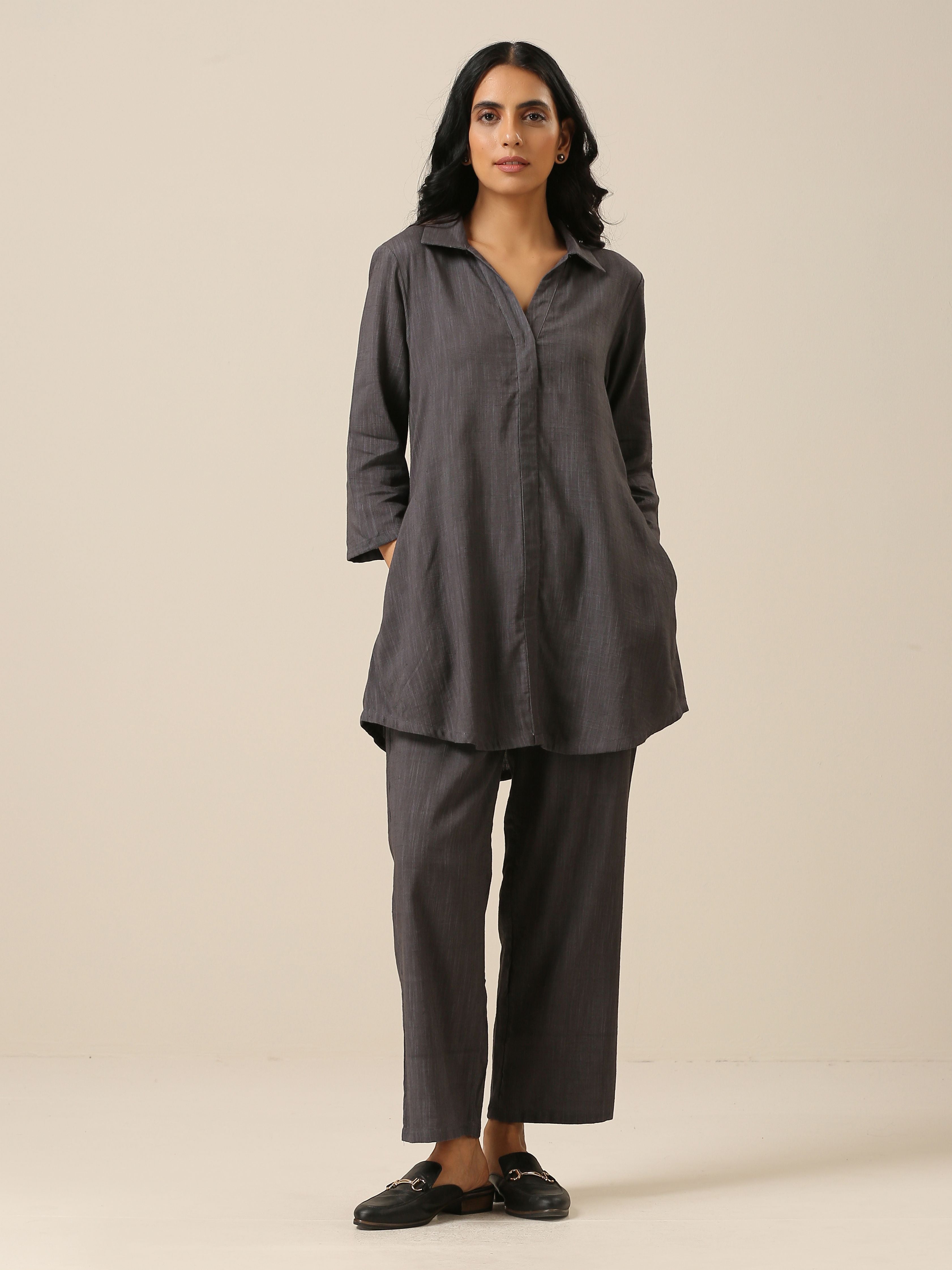 trueBrowns Slate Grey Slub Texture Collar Short Co-Ord Set