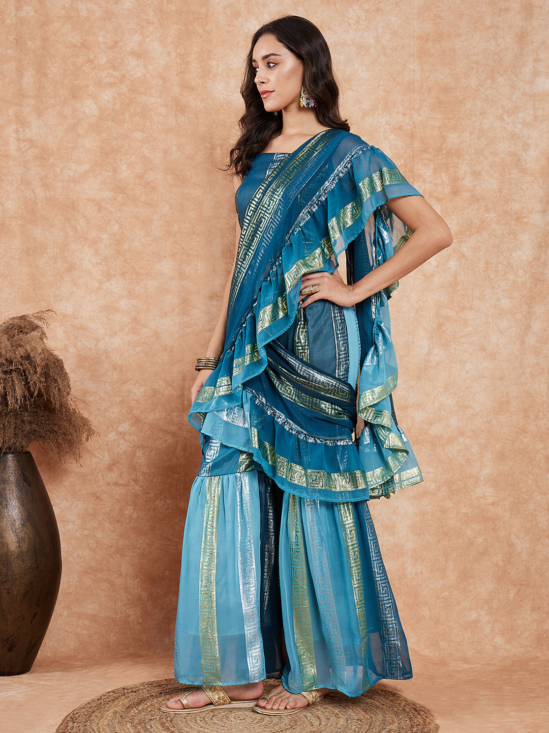 InWeave Women's Teal Shaded Lurex Frill Sharara Saree