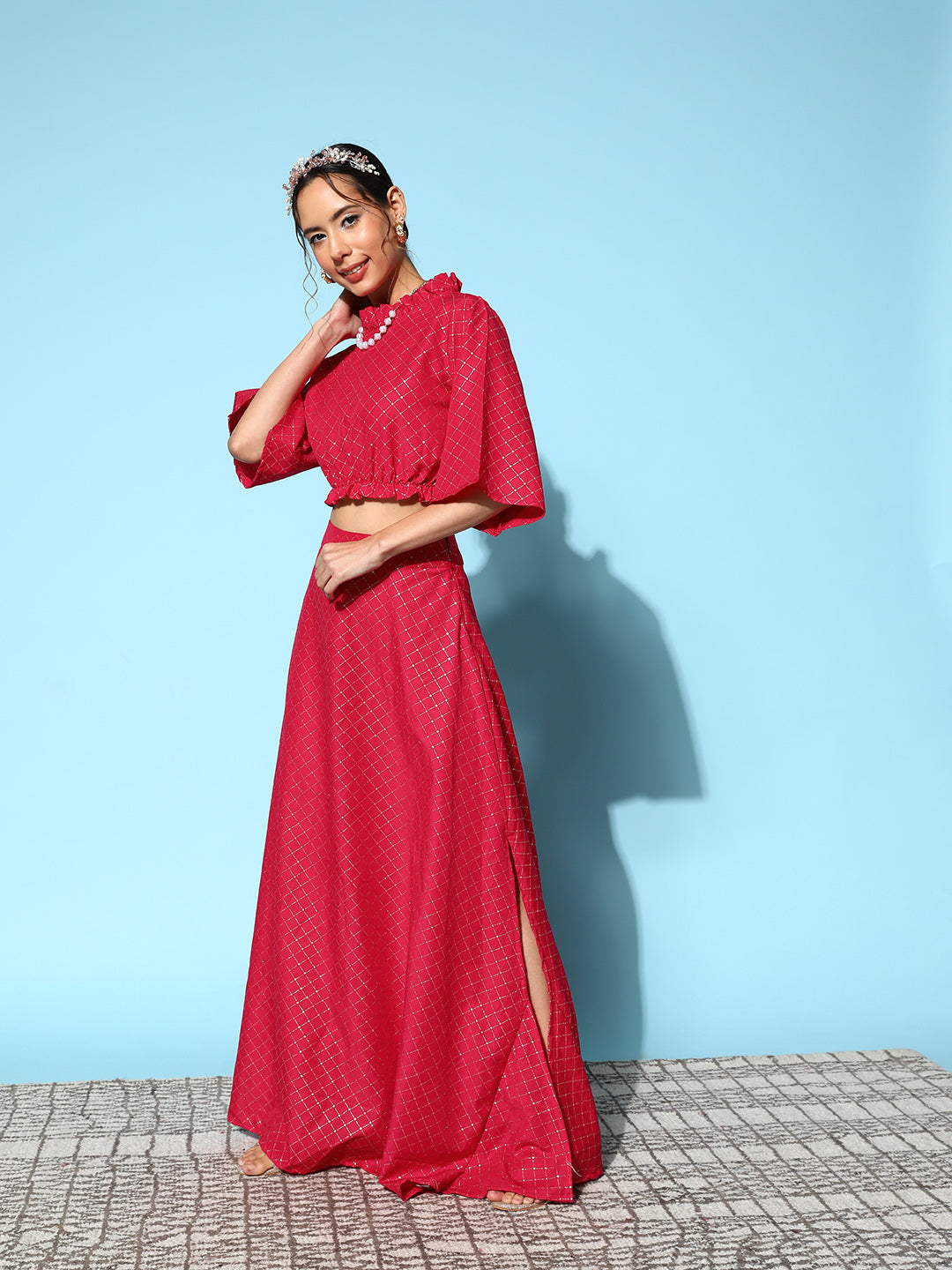 InWeave Women's Candy Red Gold Crop Top With Side Slit Skirt