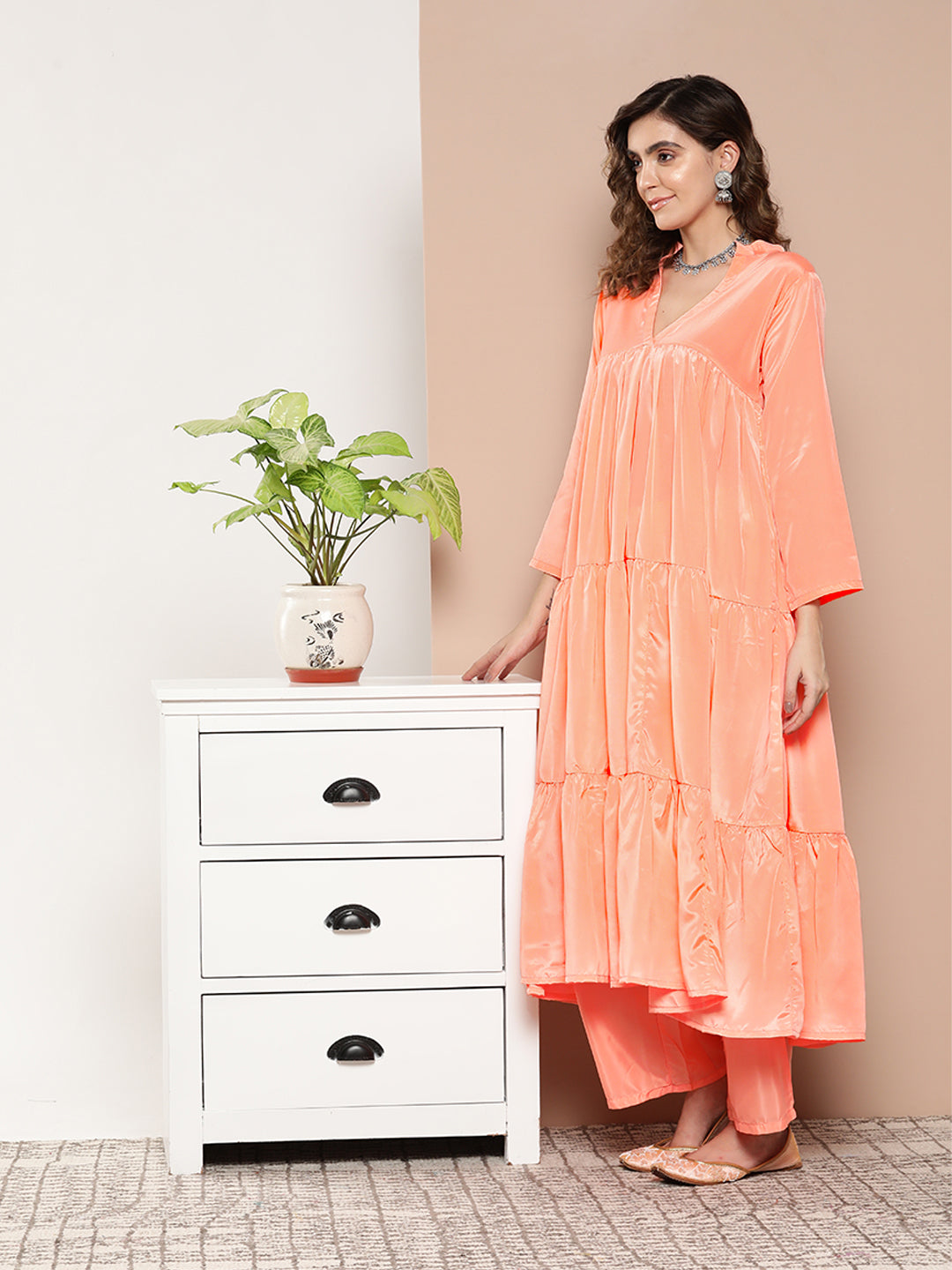 InWeave Women's Peach Tiered Anarkali Kurta Set