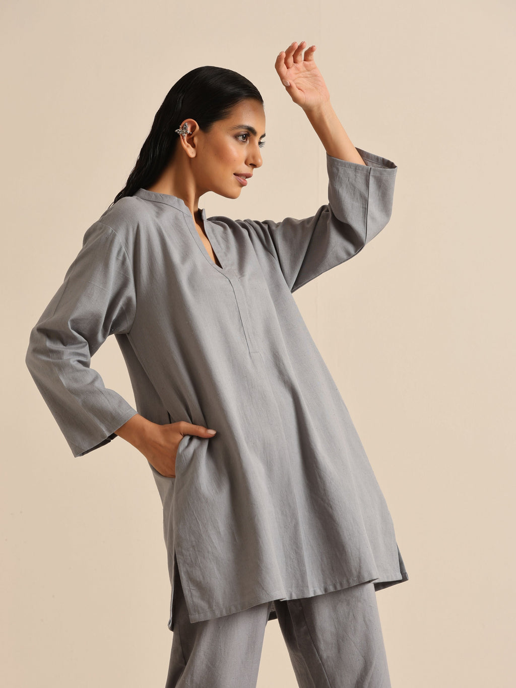 trueBrowns Steel Blue Khadi Relaxed Co-Ord Set