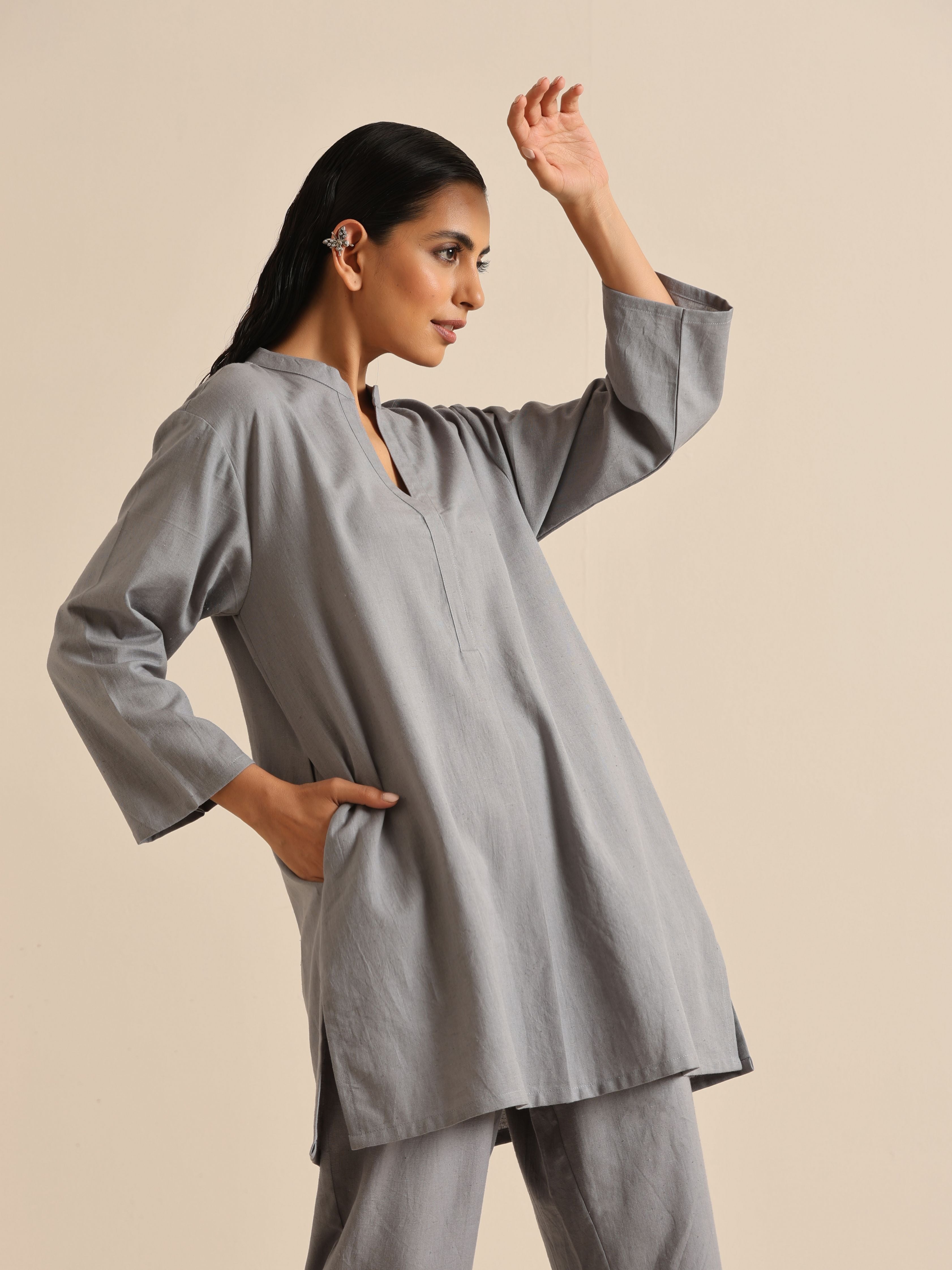 trueBrowns Steel Blue Khadi Relaxed Co-Ord Set