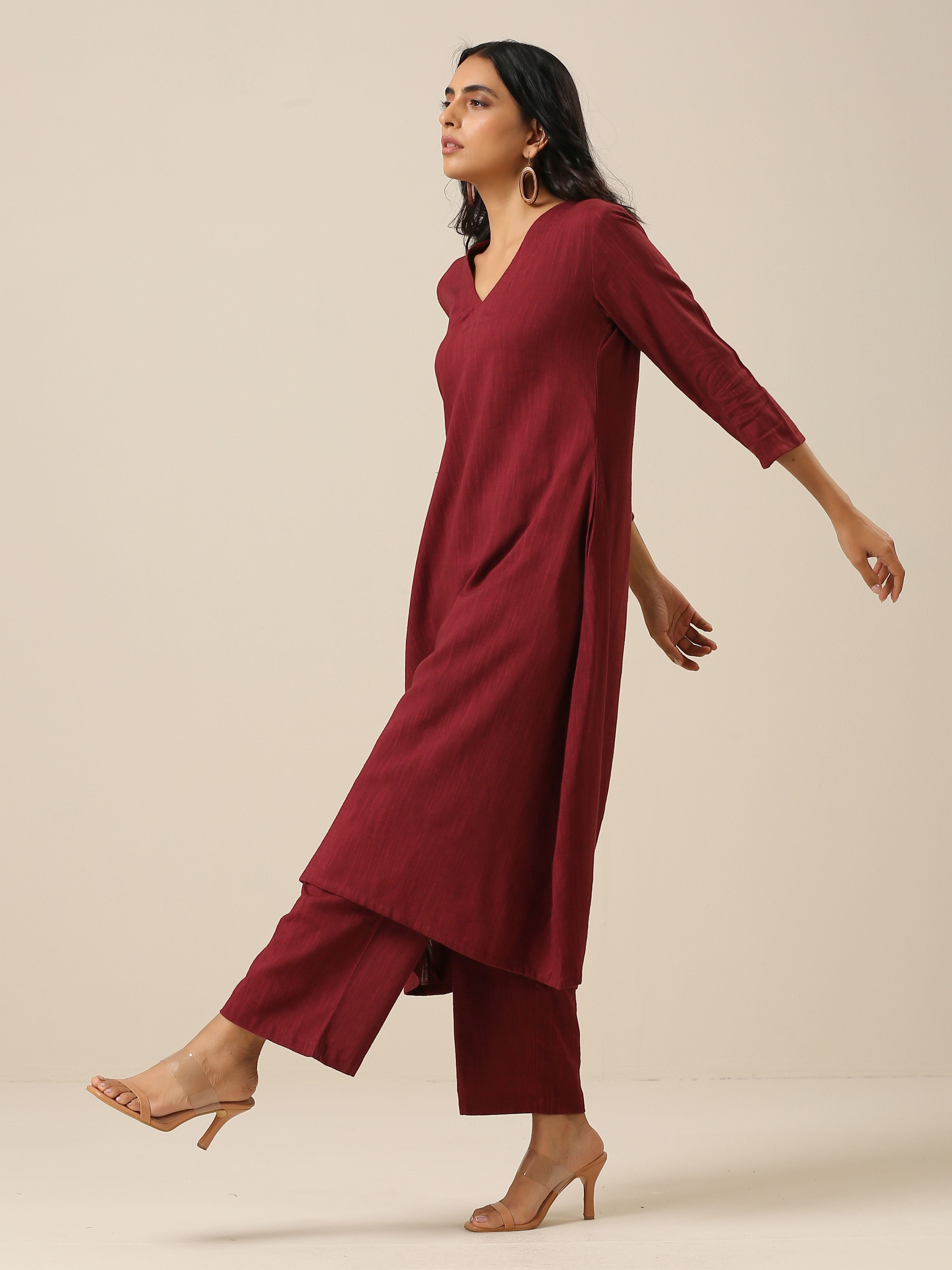 trueBrowns Ruby Wine Slub Texture Back Pleat Kurta Pant Set