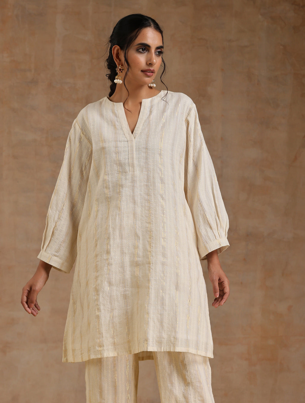 trueBrowns Ivory Gold Cotton Relaxed Co-Ord Set