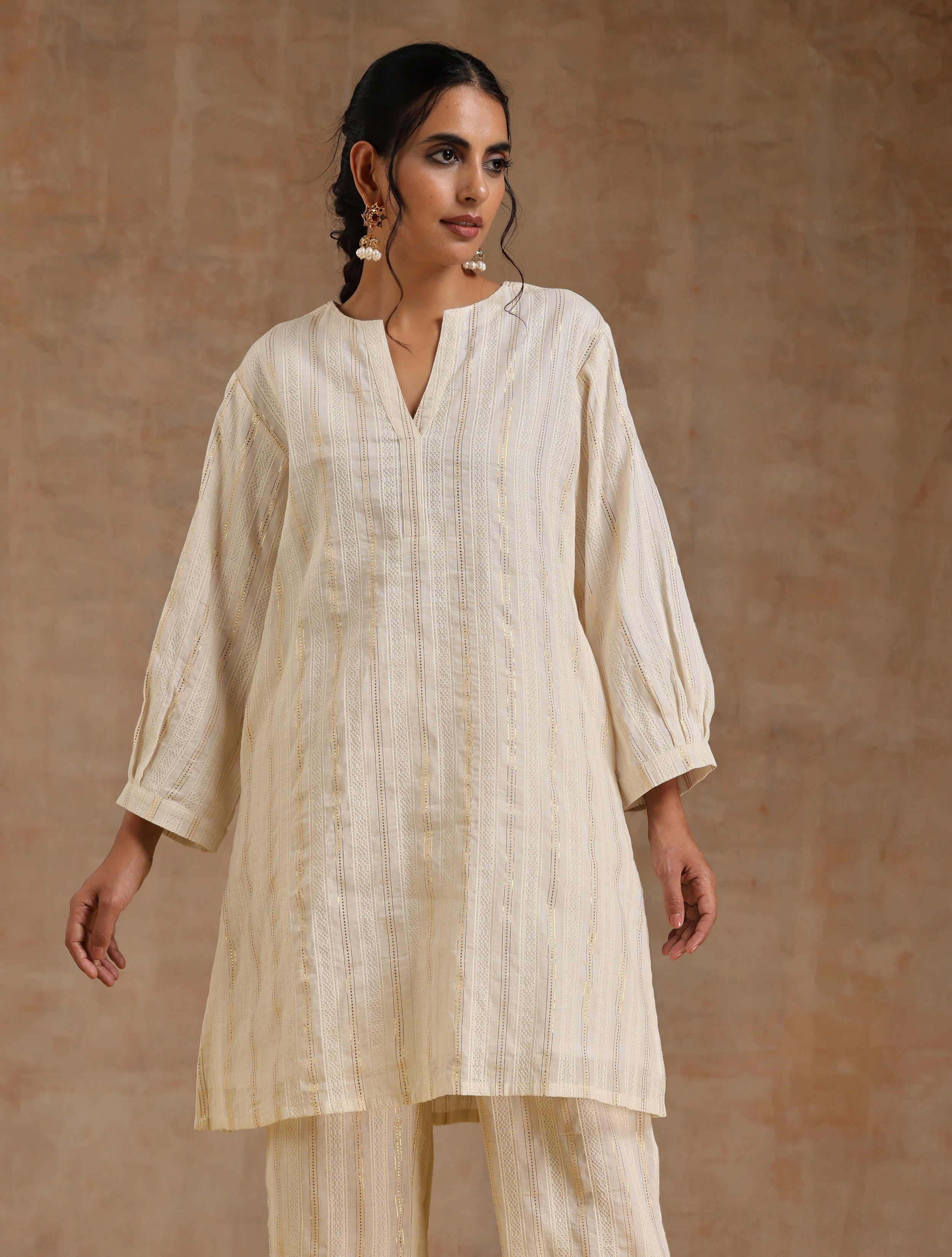 trueBrowns Ivory Gold Cotton Relaxed Co-Ord Set