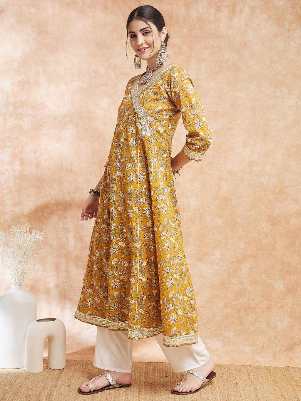 InWeave Women's Mustard Printed Gota Embroidered Anarkali Kurta