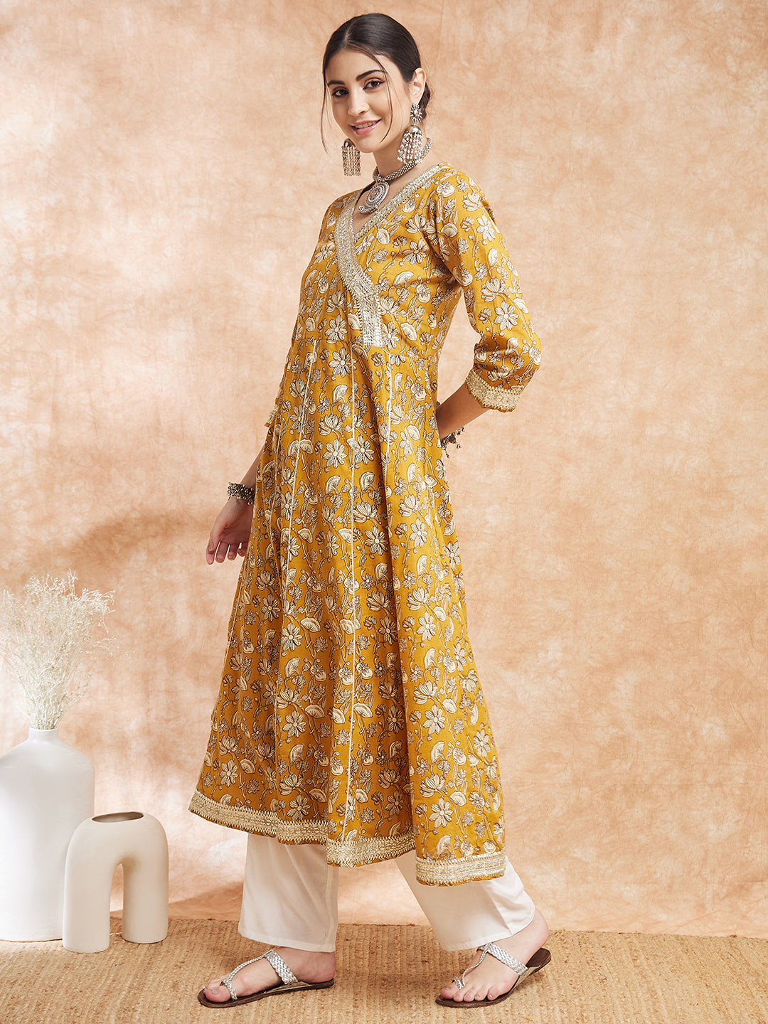 InWeave Women's Mustard Printed Gota Embroidered Anarkali Kurta