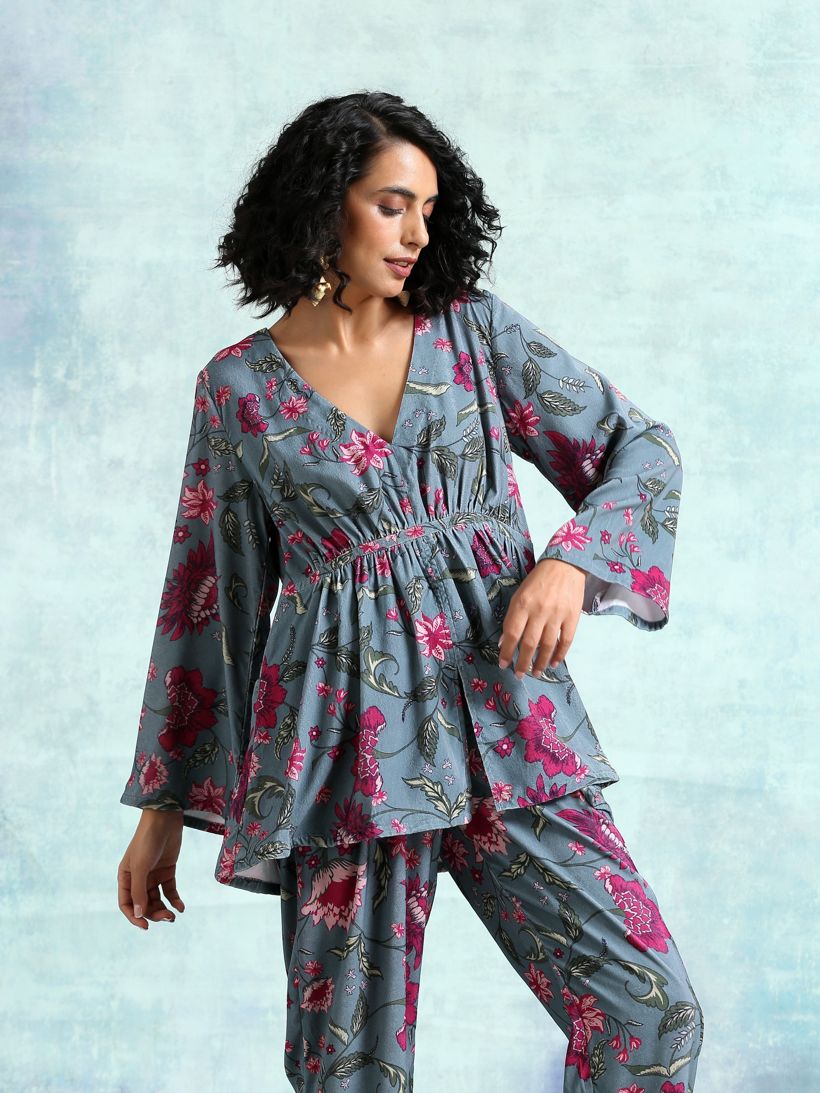trueBrowns Grey Printed Velvet Co-Ord Set