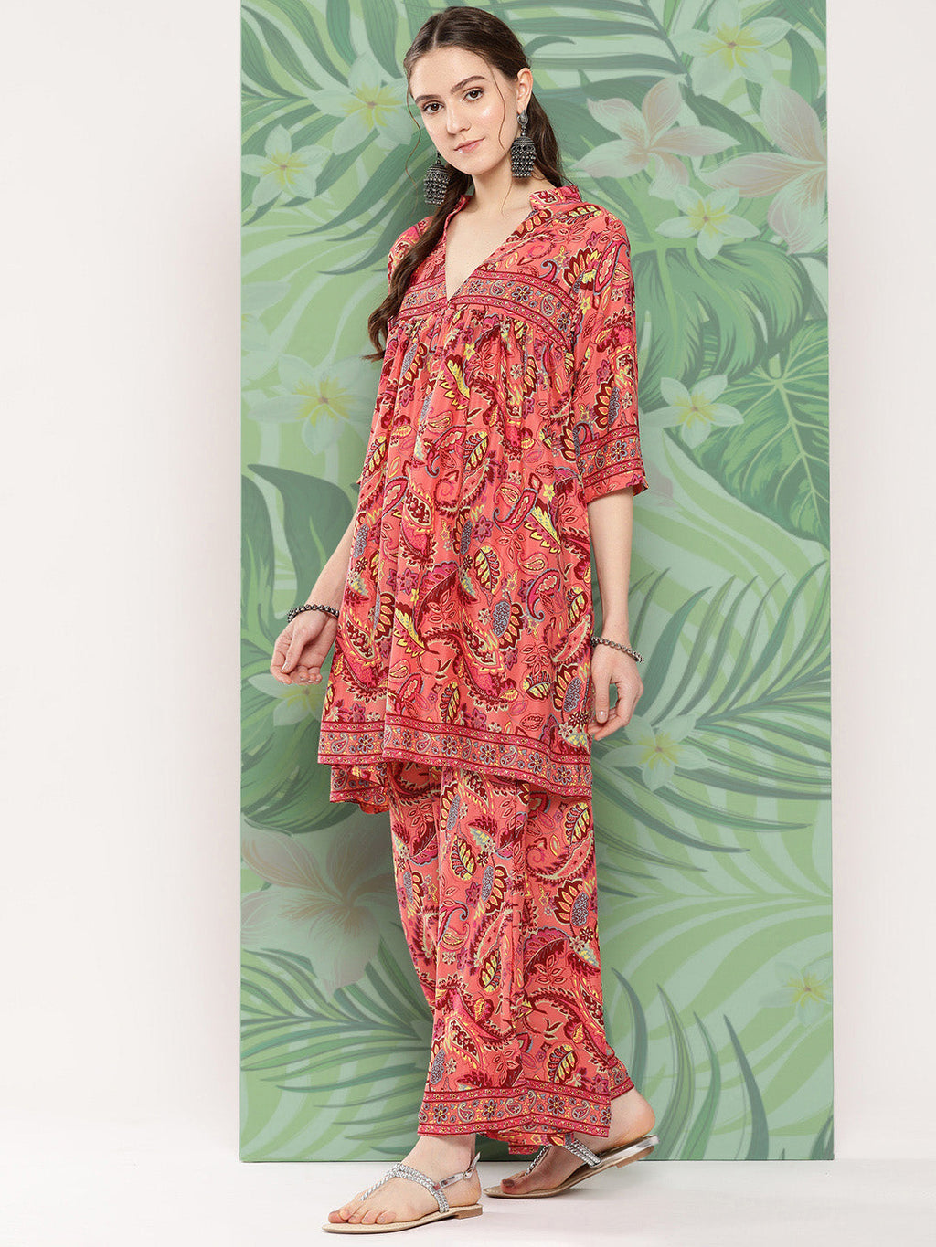 InWeave Women's Peach Camelia Printed Ethnic Kurta Set