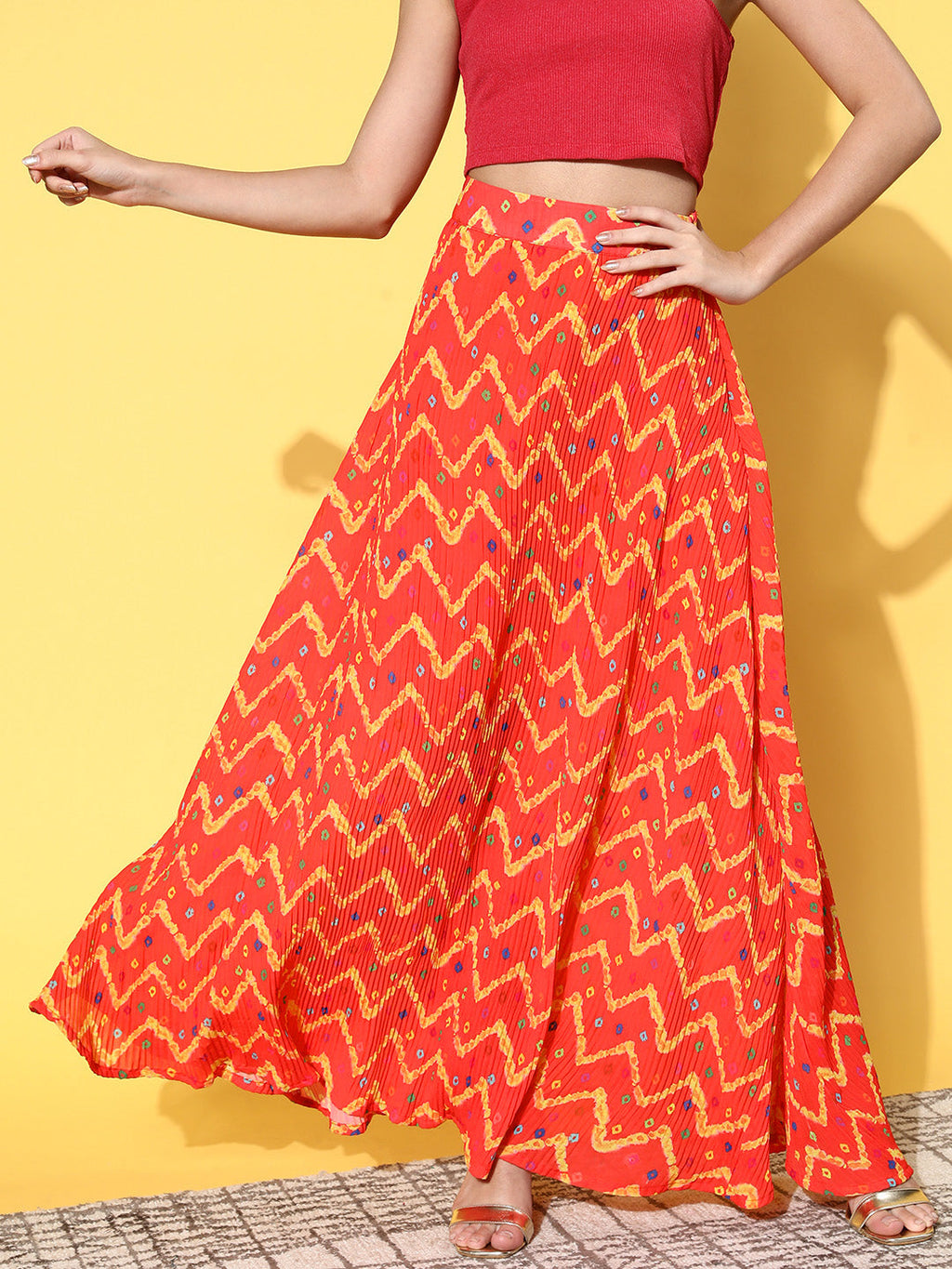 InWeave Women's Orange Bandhej Pleated Skirt